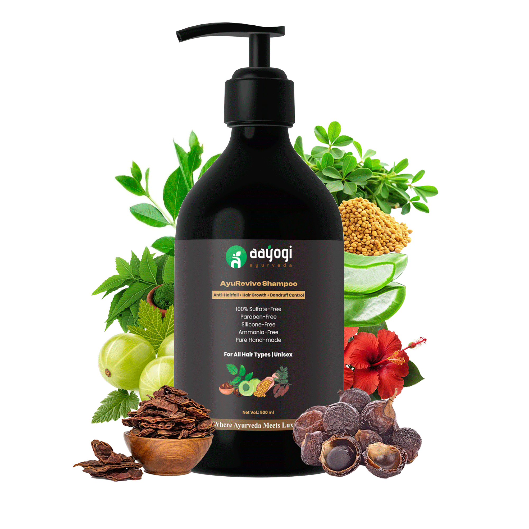 AyuRevive Herbal Shampoo for Hair Fall, Hair Growth & Dandruff Control – Natural & Sulphate-Free | Aayogi Ayurveda