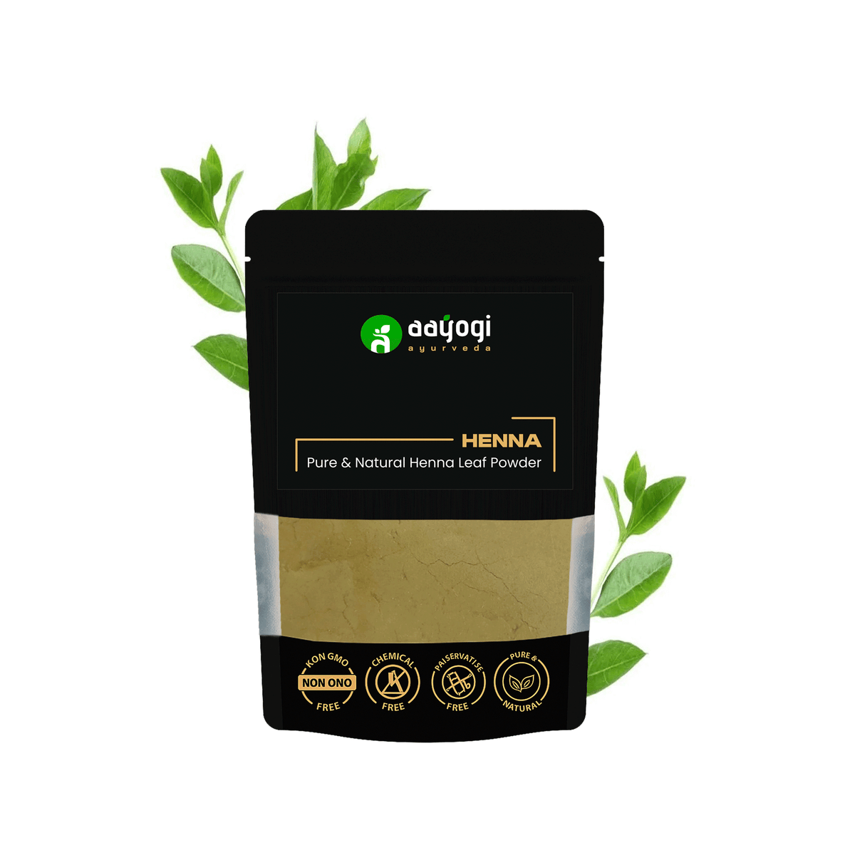 Aayogi Ayurveda Pure Henna Leaf Powder 100 gm pack for natural hair coloring and conditioning, shown with fresh henna leaves.