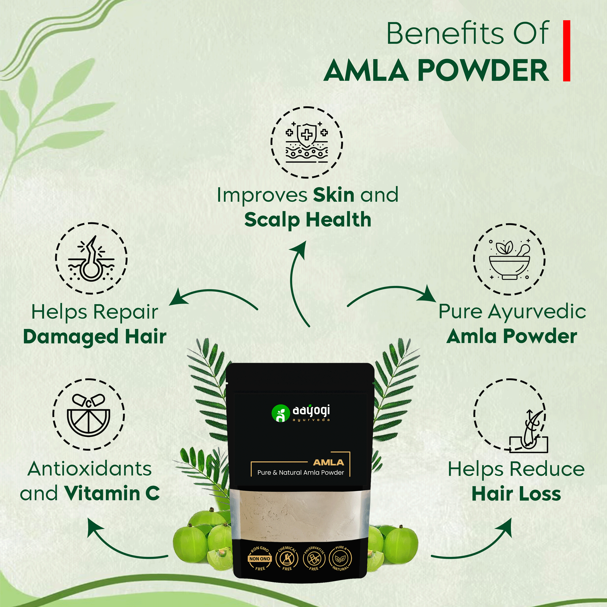 Amla powder benefits infographic showing hair repair, scalp health, and vitamin C content with Aayogi Ayurveda packaging.