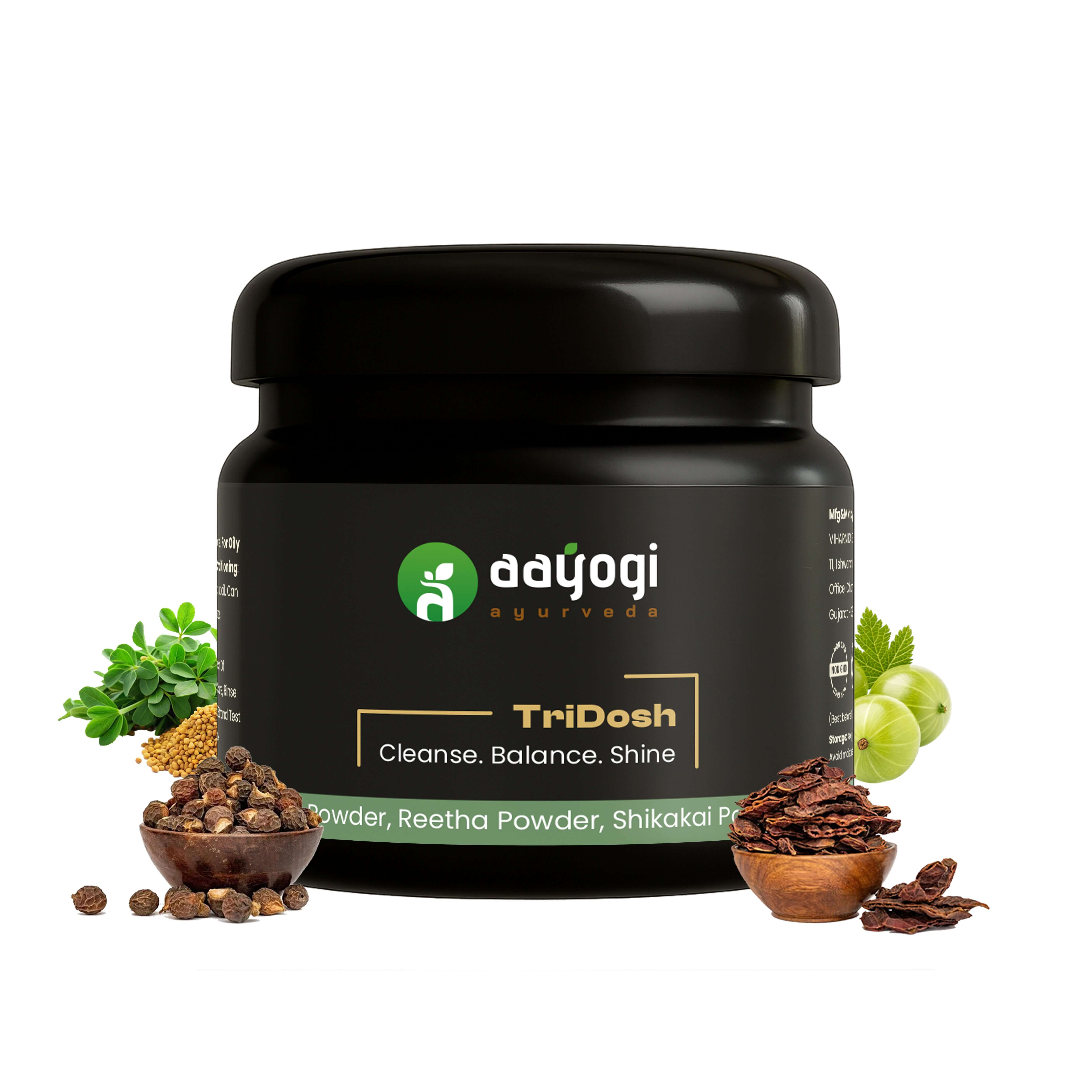 TriDosh Herbal Hair Wash Shampoo Powder by Aayogi Ayurveda with Amla, Reetha, Shikakai, and Methi for healthy hair care
