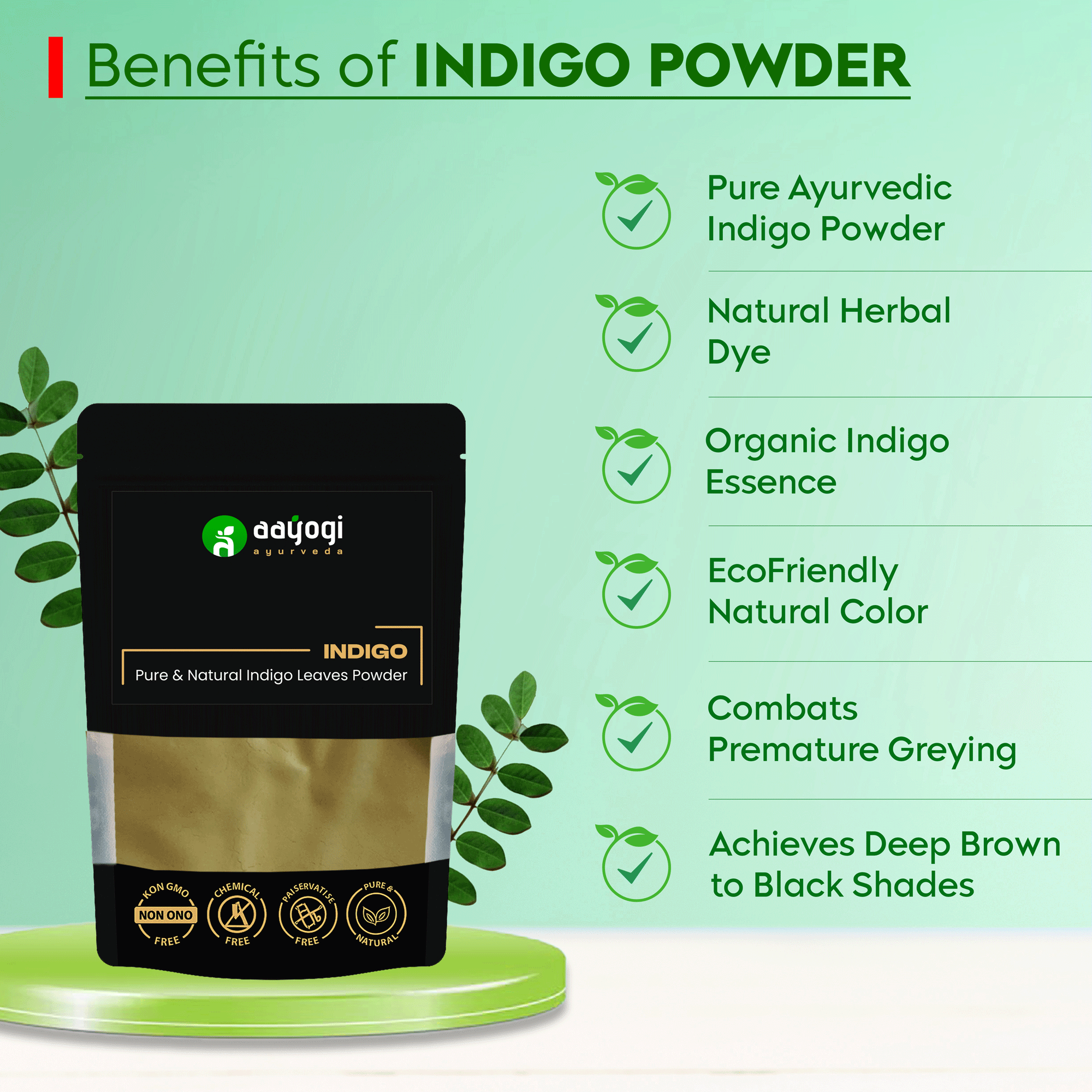 Aayogi Ayurveda Indigo Powder Benefits: Pure Ayurvedic, Herbal Dye, Organic Essence, Eco-Friendly Color, combats greying, deep brown shades.