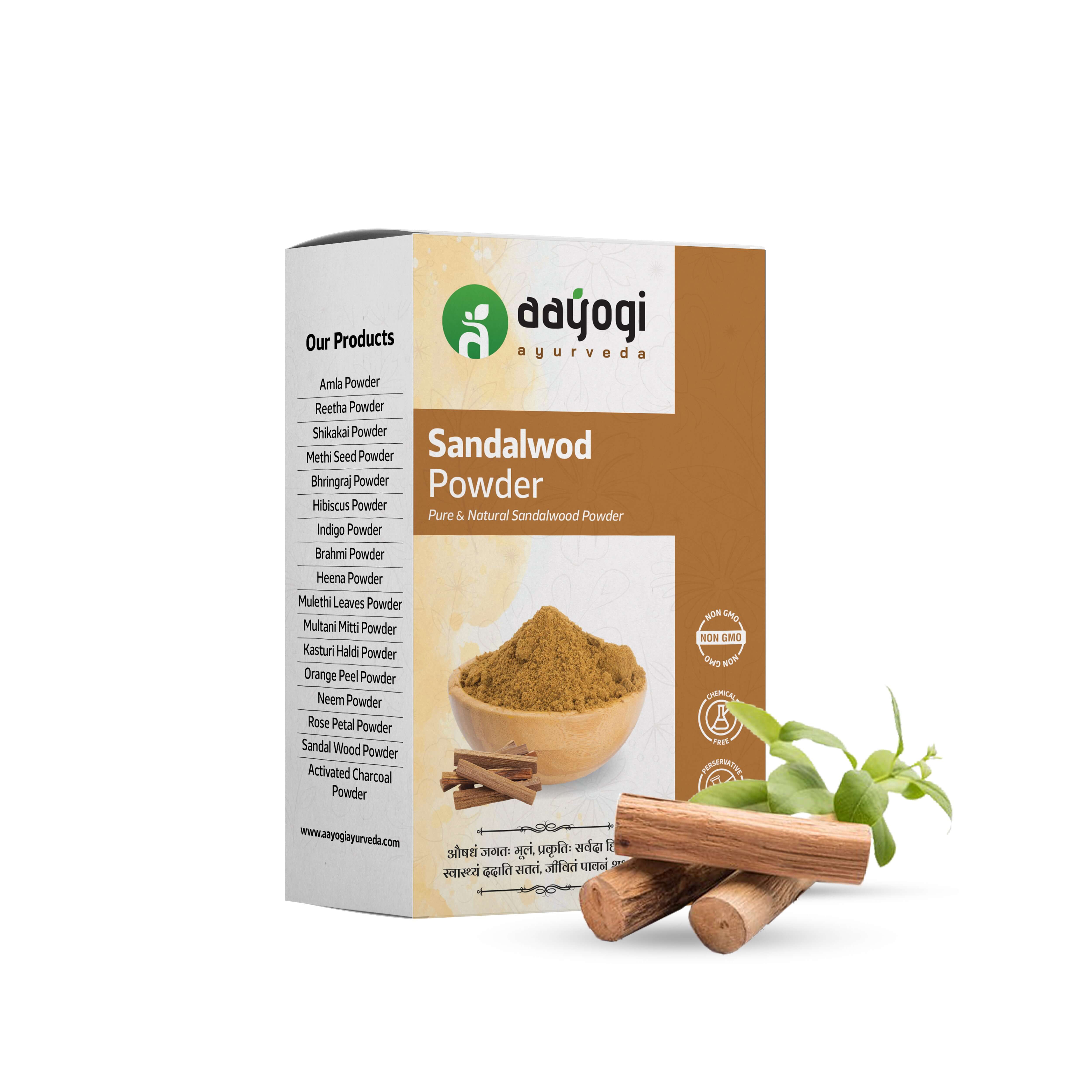 Aayogi Ayurveda Natural Sandalwood Powder packaging with sandalwood sticks, known for skincare and fragrance benefits, Santalum album.