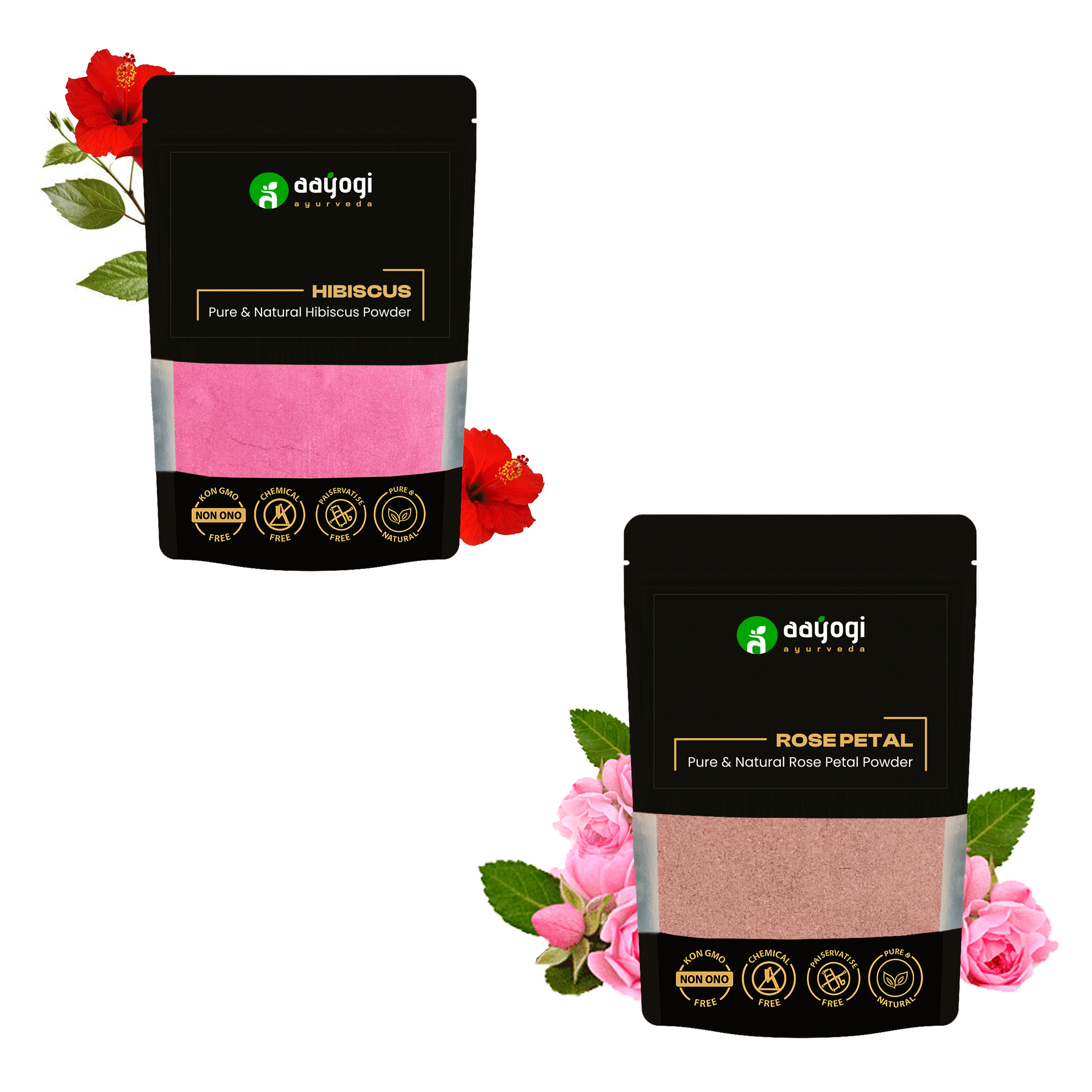 Aayogi Ayurveda Rose & Hibiscus Powder Combo for skin glow and hydration, featuring natural herbal blends with pink and rose packaging.