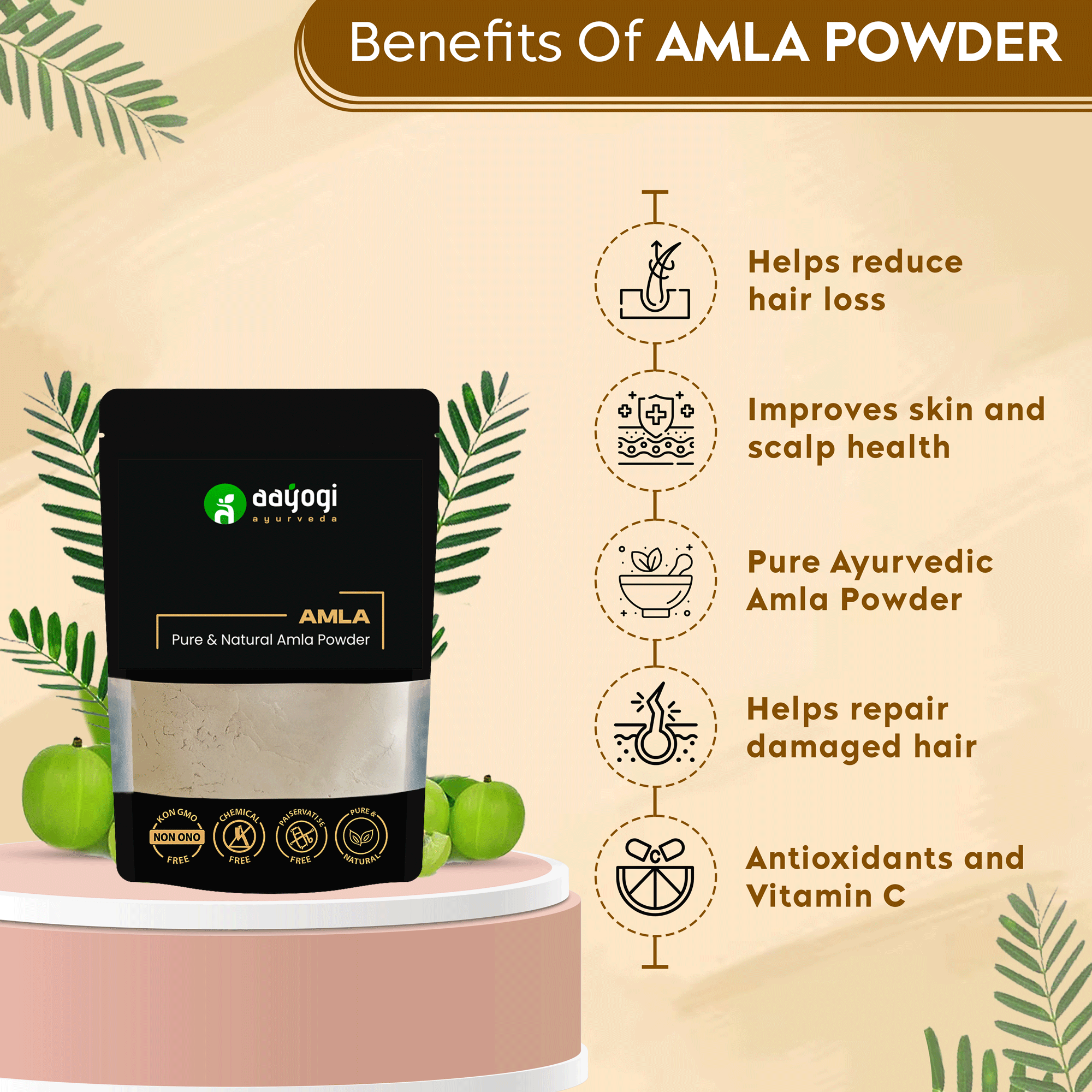 Amla Powder Benefits by Aayogi Ayurveda: Reduce hair loss, improve scalp health, repair hair, with antioxidants and Vitamin C.