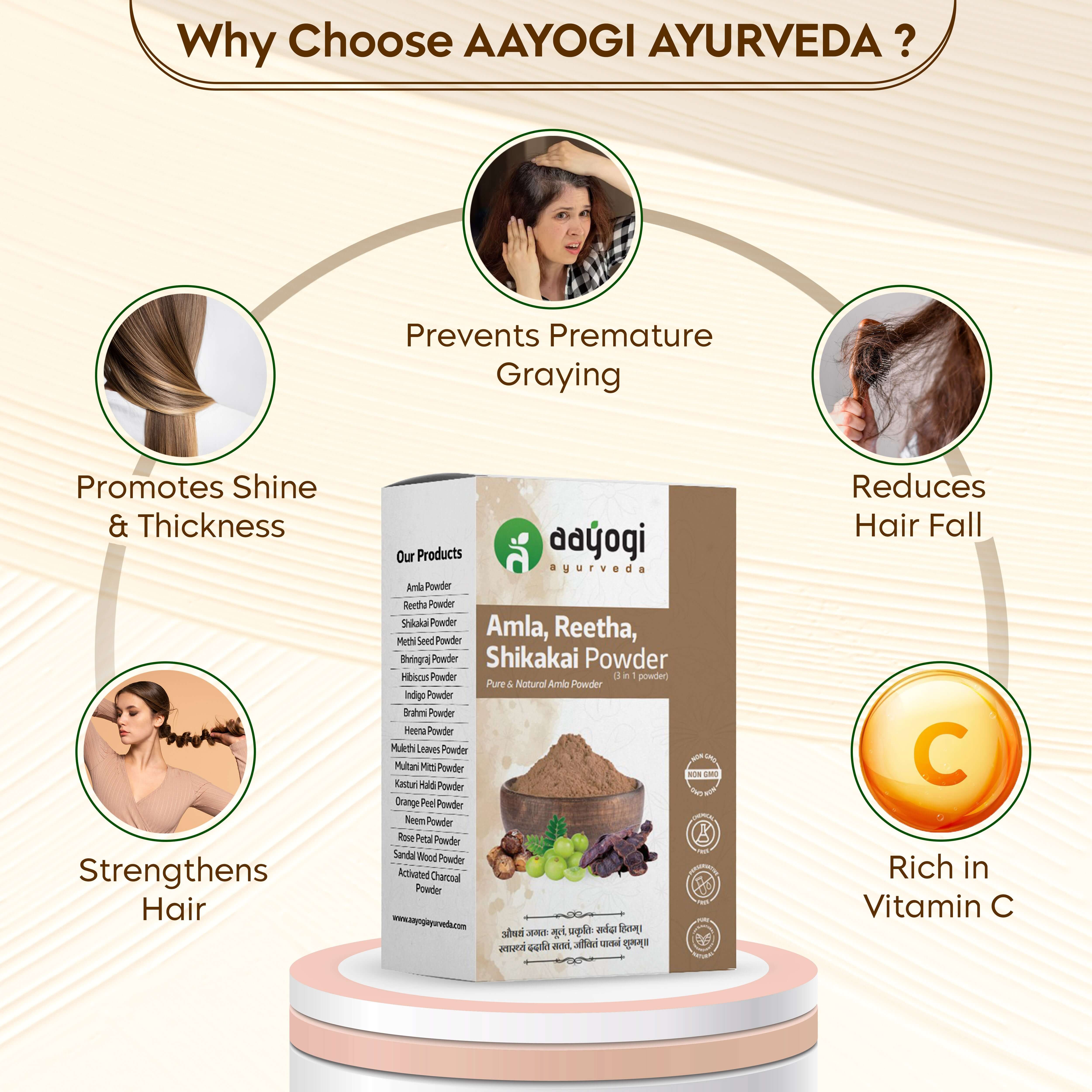 Aayogi Ayurveda Triple Vitality Hair Mix packaging; benefits include preventing graying, reducing hair fall, and promoting hair strength.