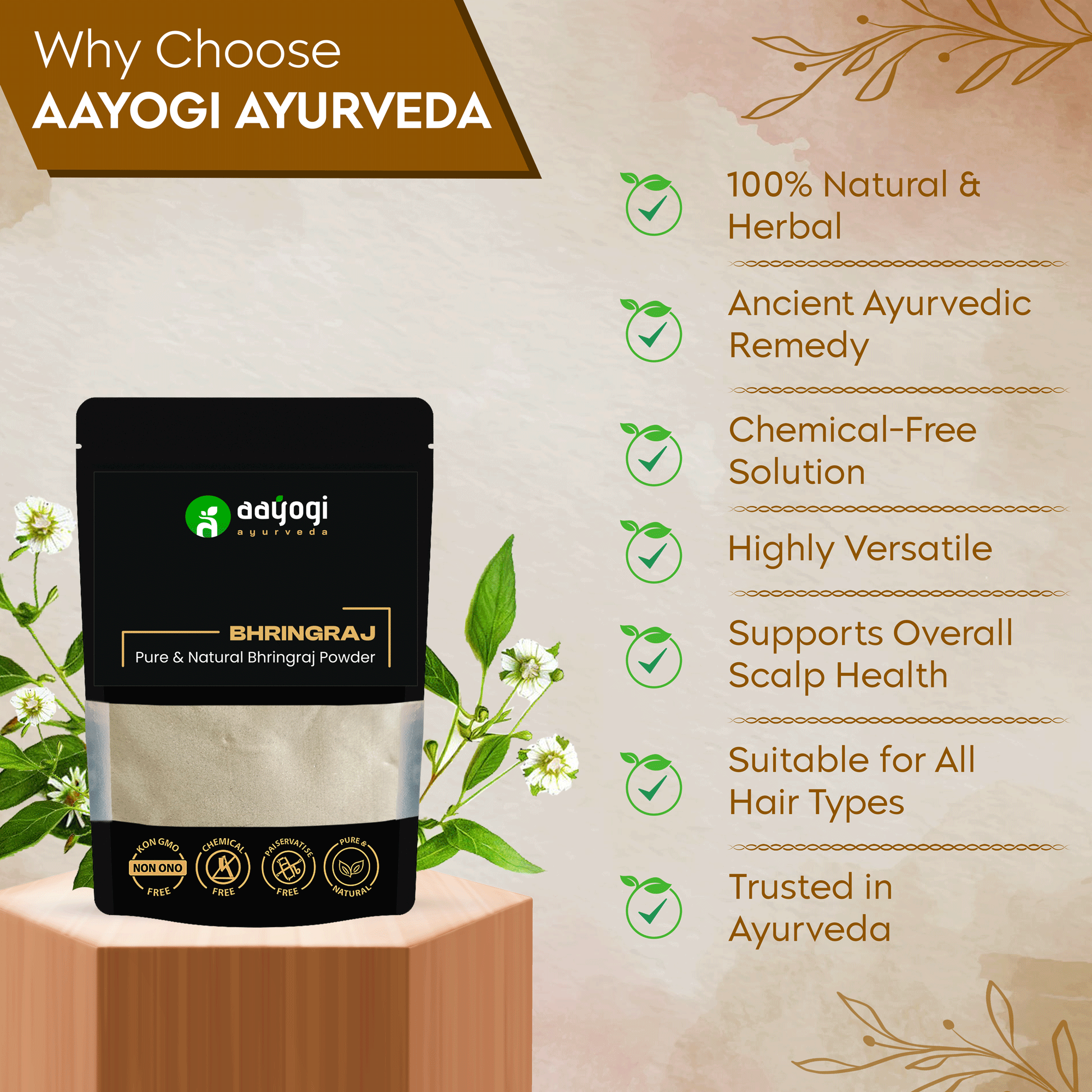 Aayogi Ayurveda Bhringraj Powder benefits for hair and scalp, 100% natural, Ayurvedic, chemical-free, versatile solution poster.
