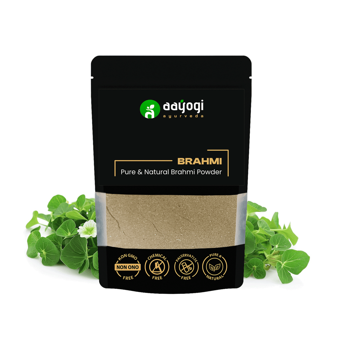 Aayogi Ayurveda Brahmi Powder for hair growth, 100 gm pouch with natural Bacopa Monnieri and herbal packaging.