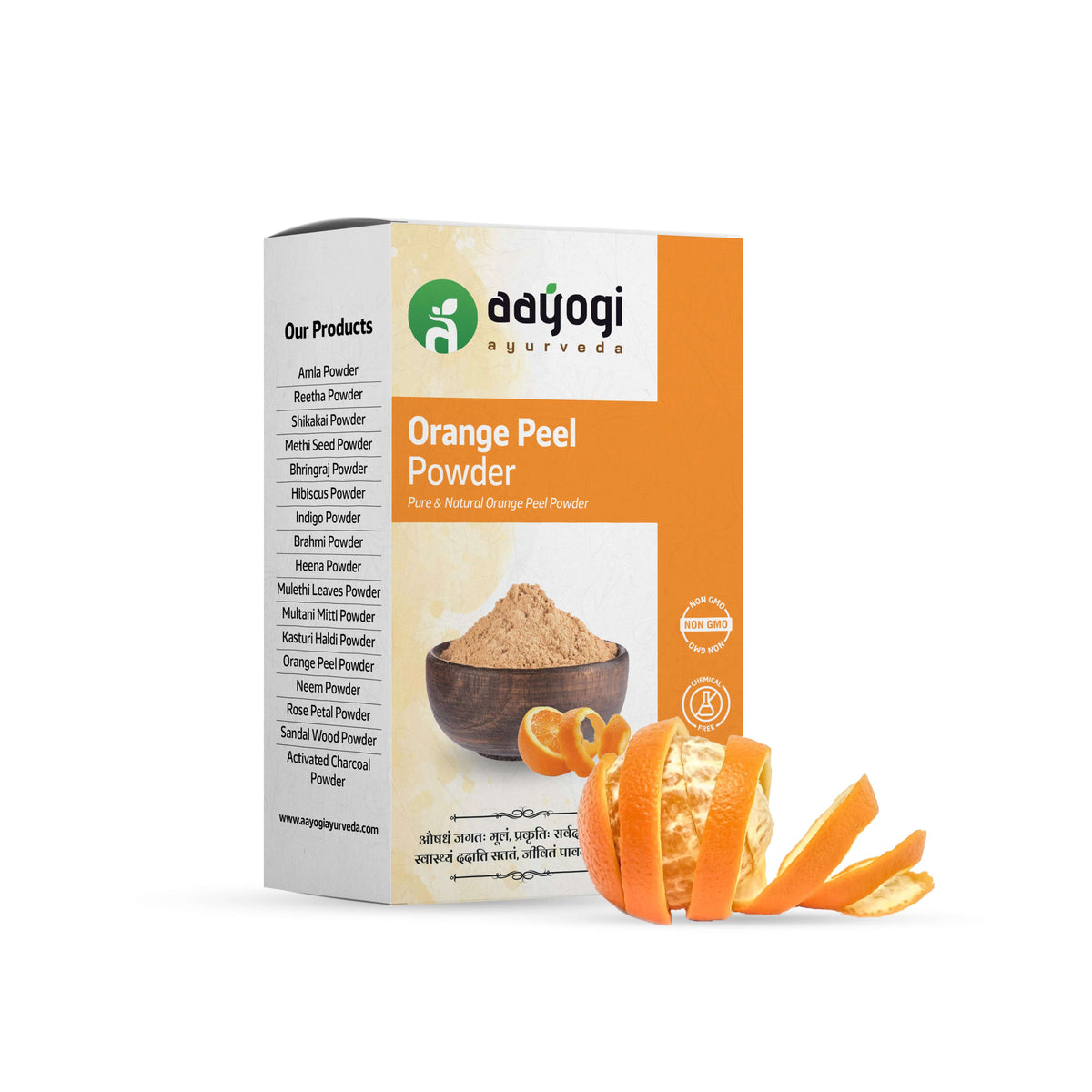 "Aayogi Ayurveda Glow Boost Orange Peel Powder box with fresh orange zest and powder for skincare"