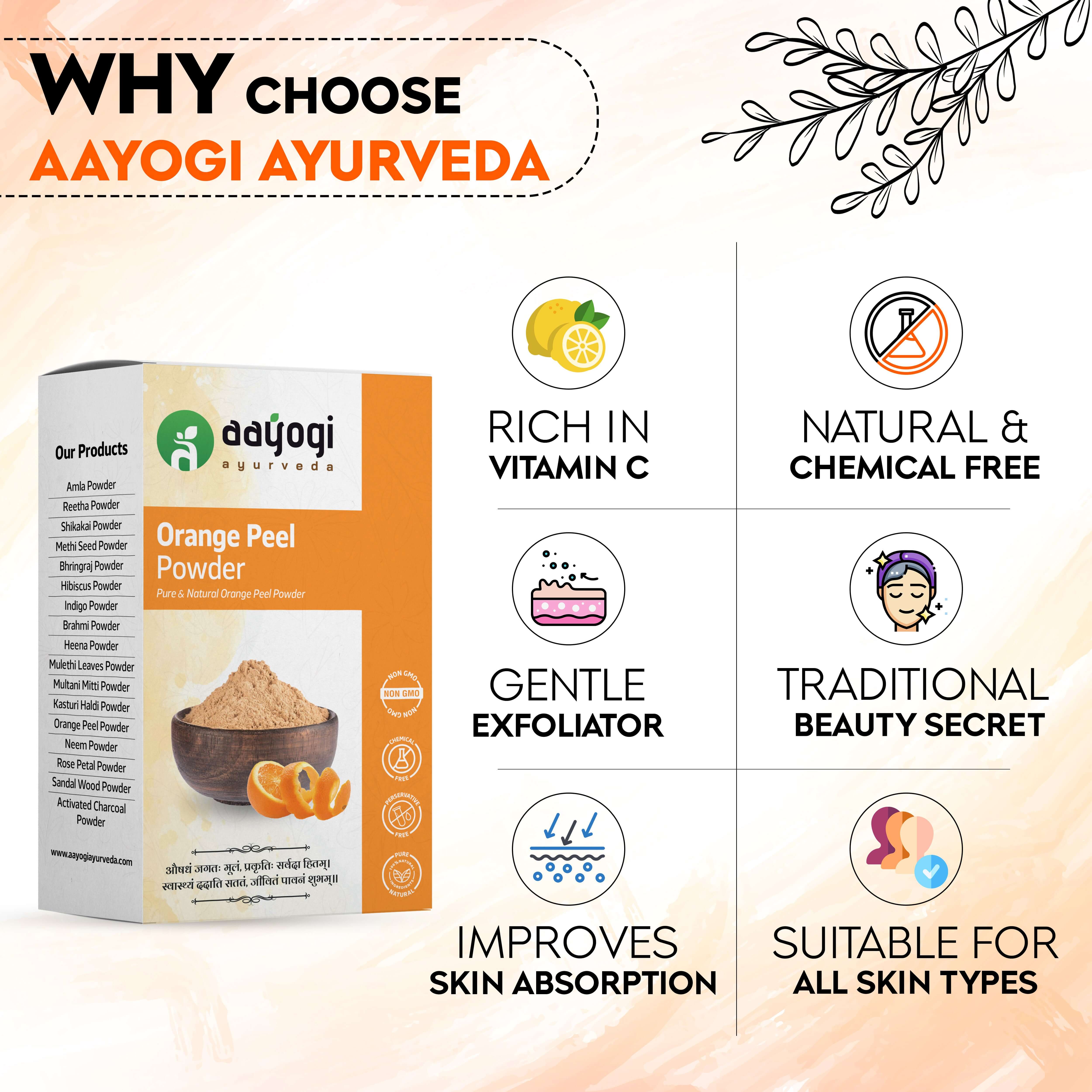 Aayogi Ayurveda Orange Peel Powder packaging with benefits: rich in vitamin C, gentle exfoliator, natural, improves skin absorption.