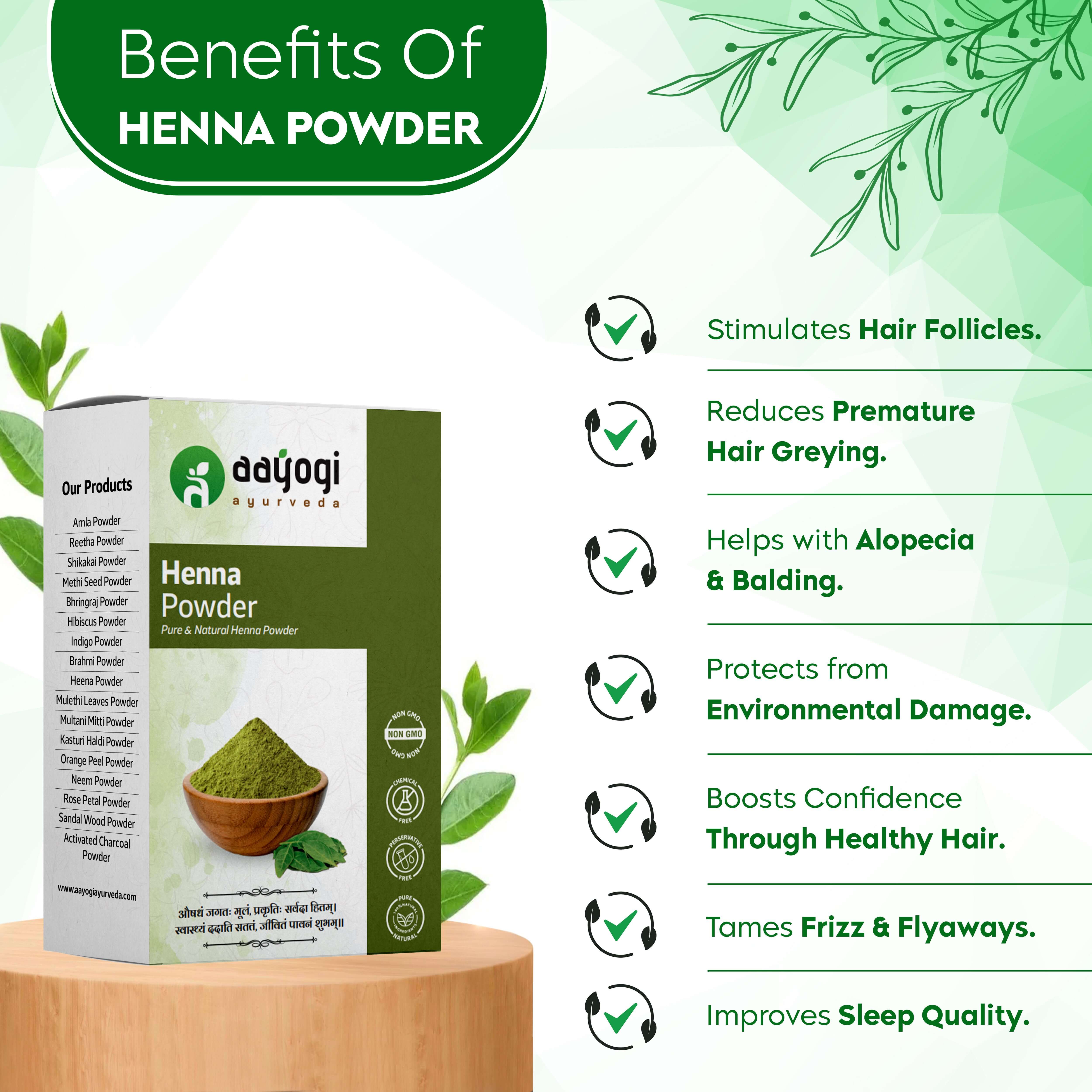 Benefits of Henna Powder for hair health, including stimulating follicles, reducing greying, and improving confidence.