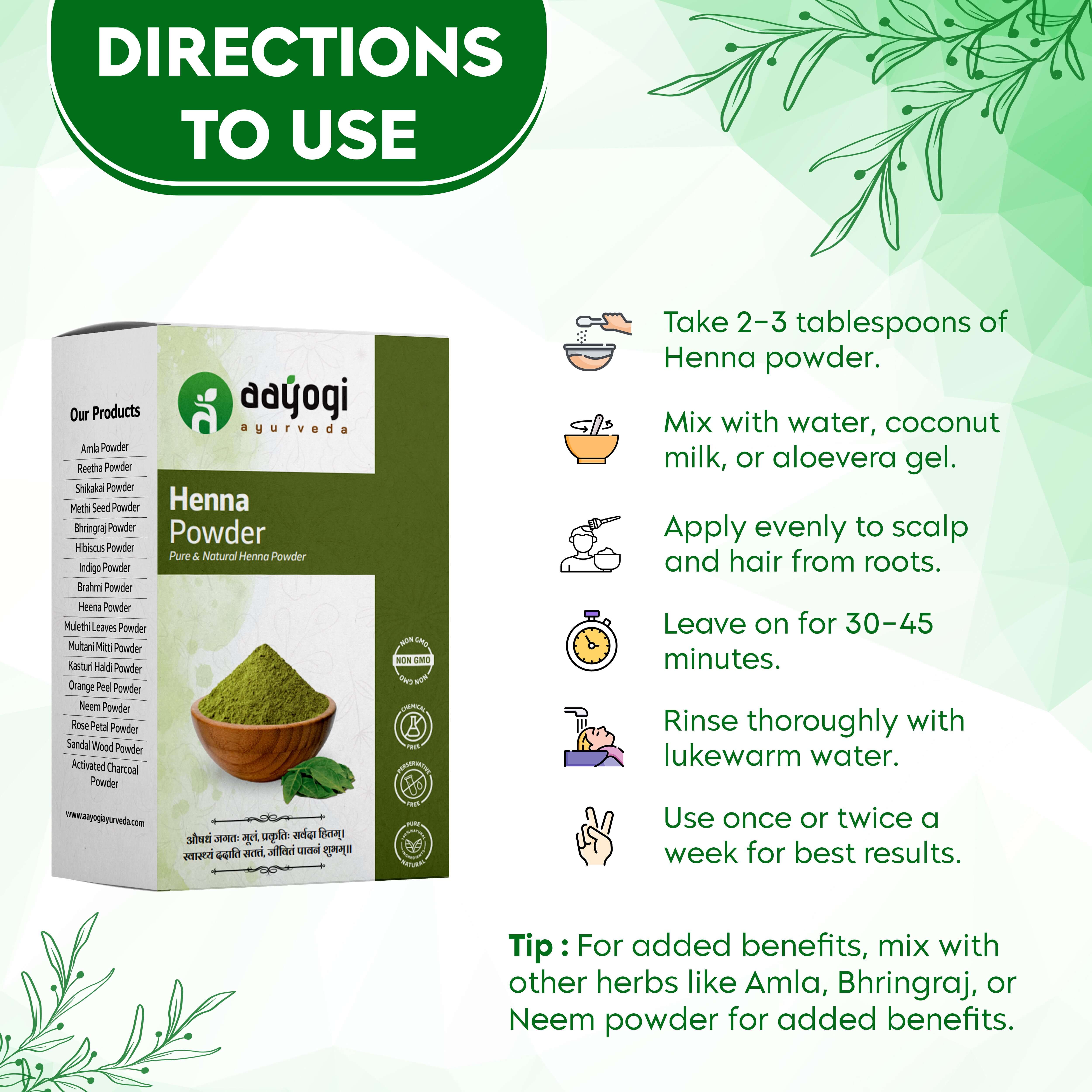 Directions for using Aayogi Ayurveda Henna Leaf Powder for natural hair coloring and strengthening with step-by-step instructions.