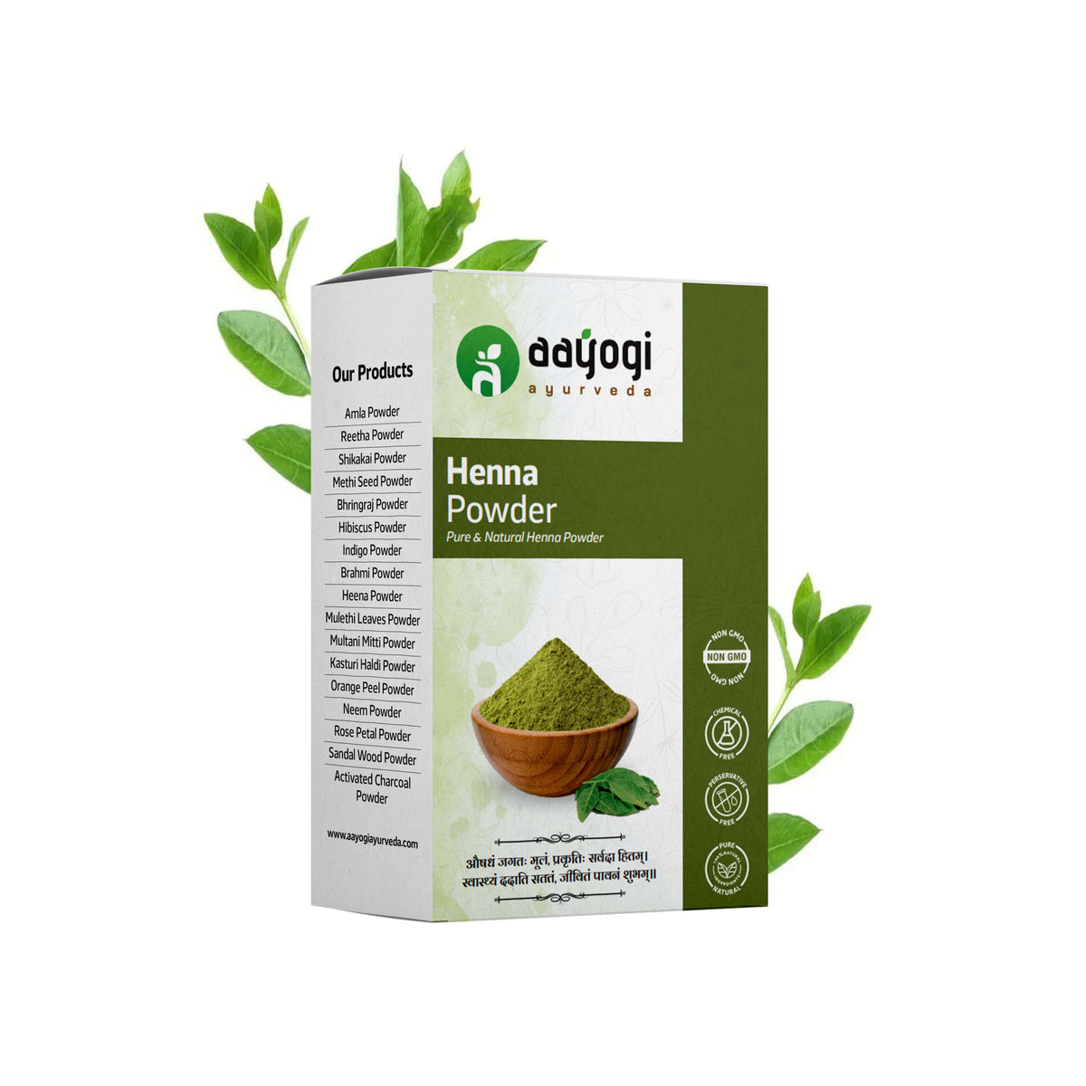 Aayogi Ayurveda Henna Leaf Powder box with green leaves and a bowl of natural henna powder, ideal for hair coloring and conditioning.