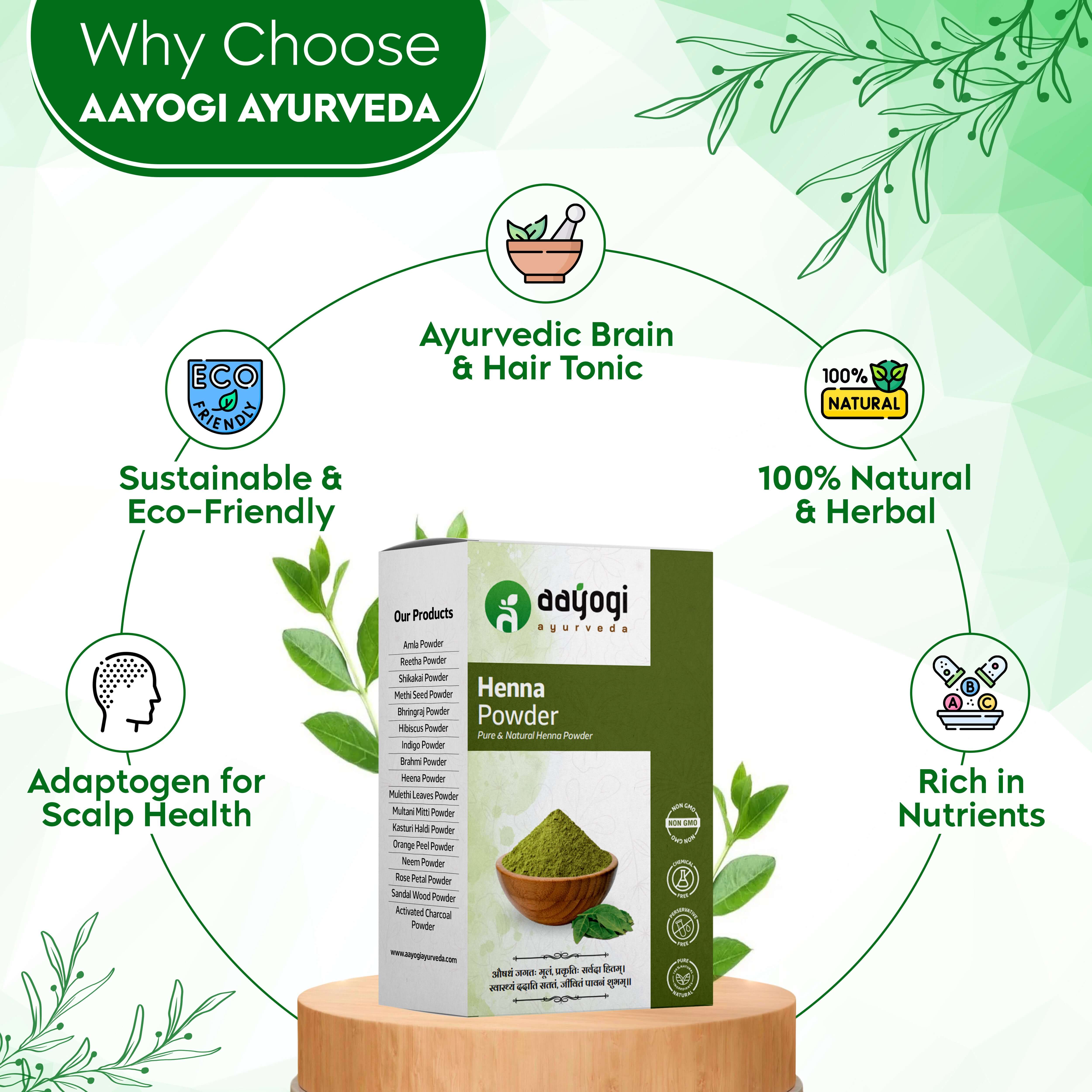 Aayogi Ayurveda Henna Leaf Powder box with benefits for hair and scalp, eco-friendly and 100% natural.