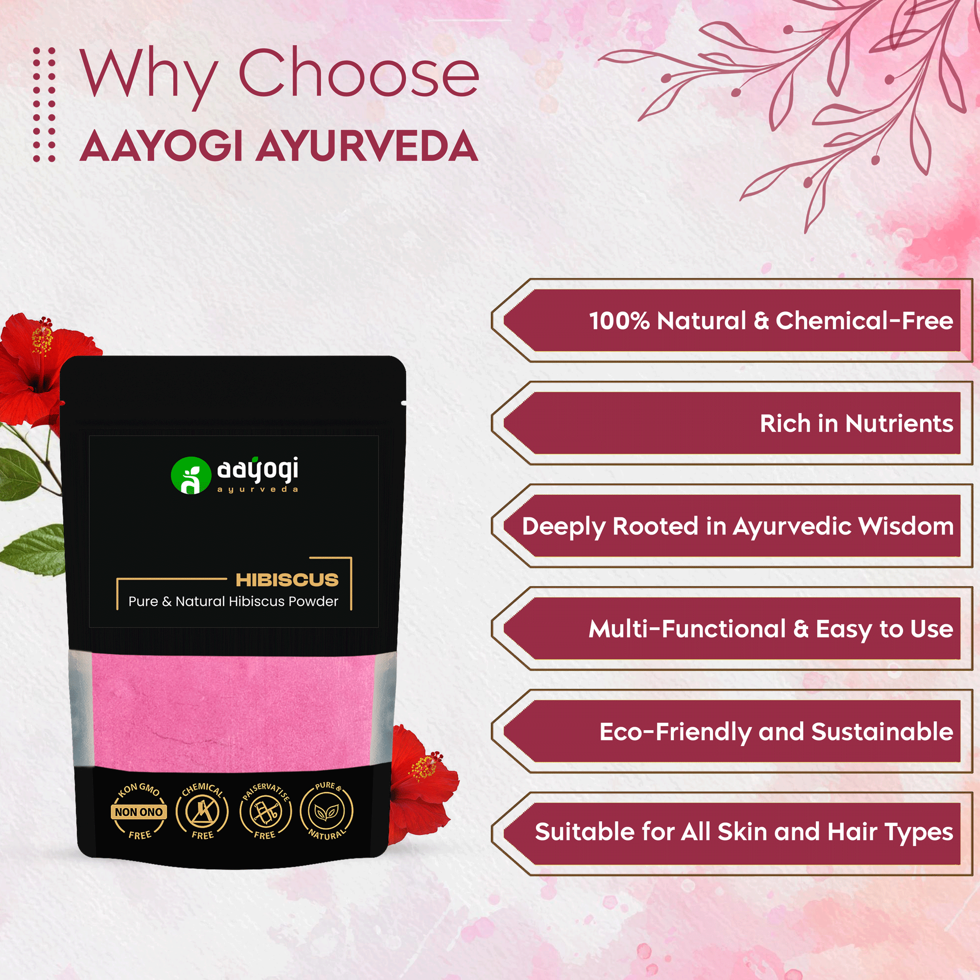 Aayogi Ayurveda Hibiscus Powder - Natural, Chemical-Free, Nutrient-Rich, Eco-Friendly, for Lustrous Hair & Clear Skin