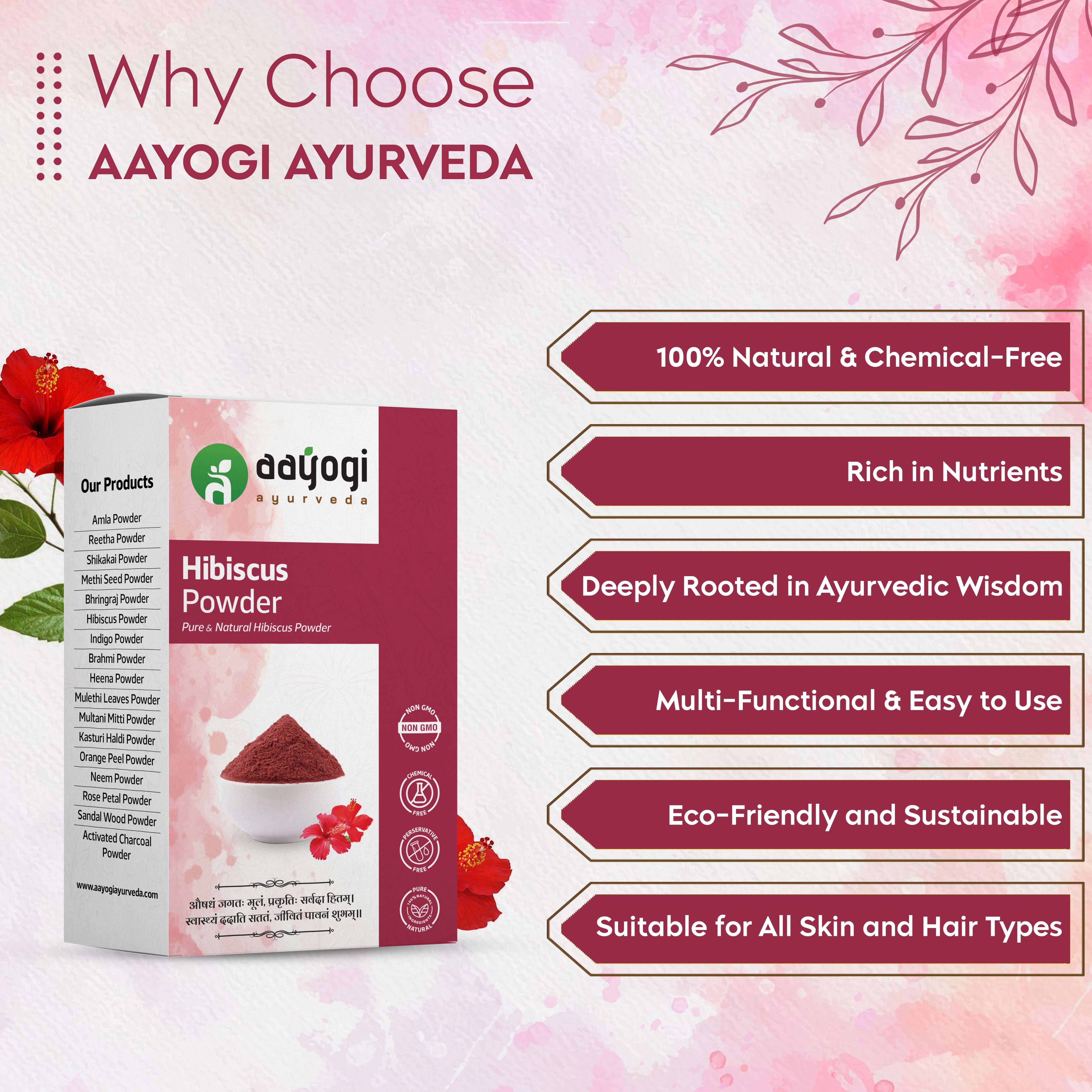 Hibiscus Powder box by Aayogi Ayurveda, 100% natural, eco-friendly, multi-functional for skin and hair, rich in nutrients.