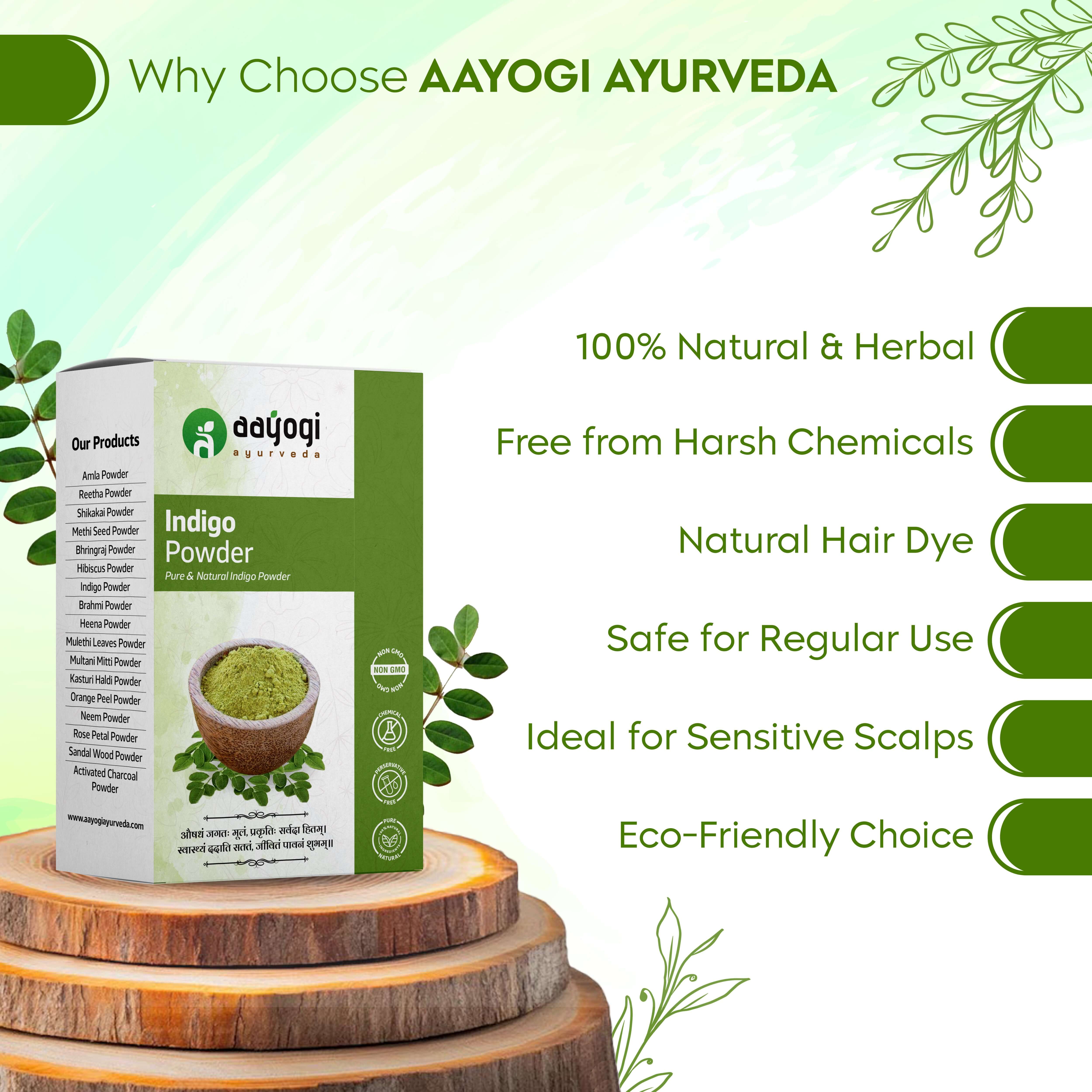 Aayogi Ayurveda Indigo Powder packaging on a wooden surface with product benefits like natural, chemical-free, eco-friendly hair dye.
