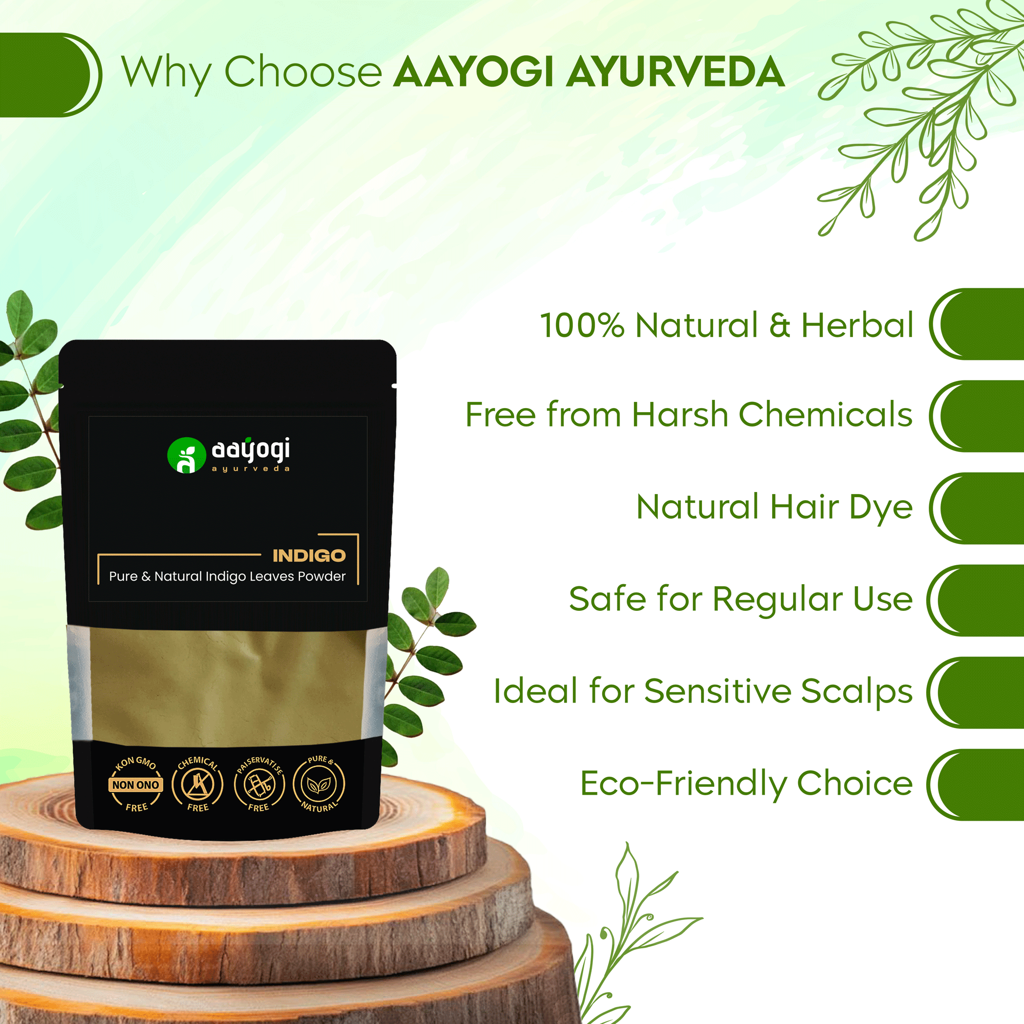 Aayogi Ayurveda Indigo Powder packaging emphasizing natural and eco-friendly benefits for herbal hair dye.