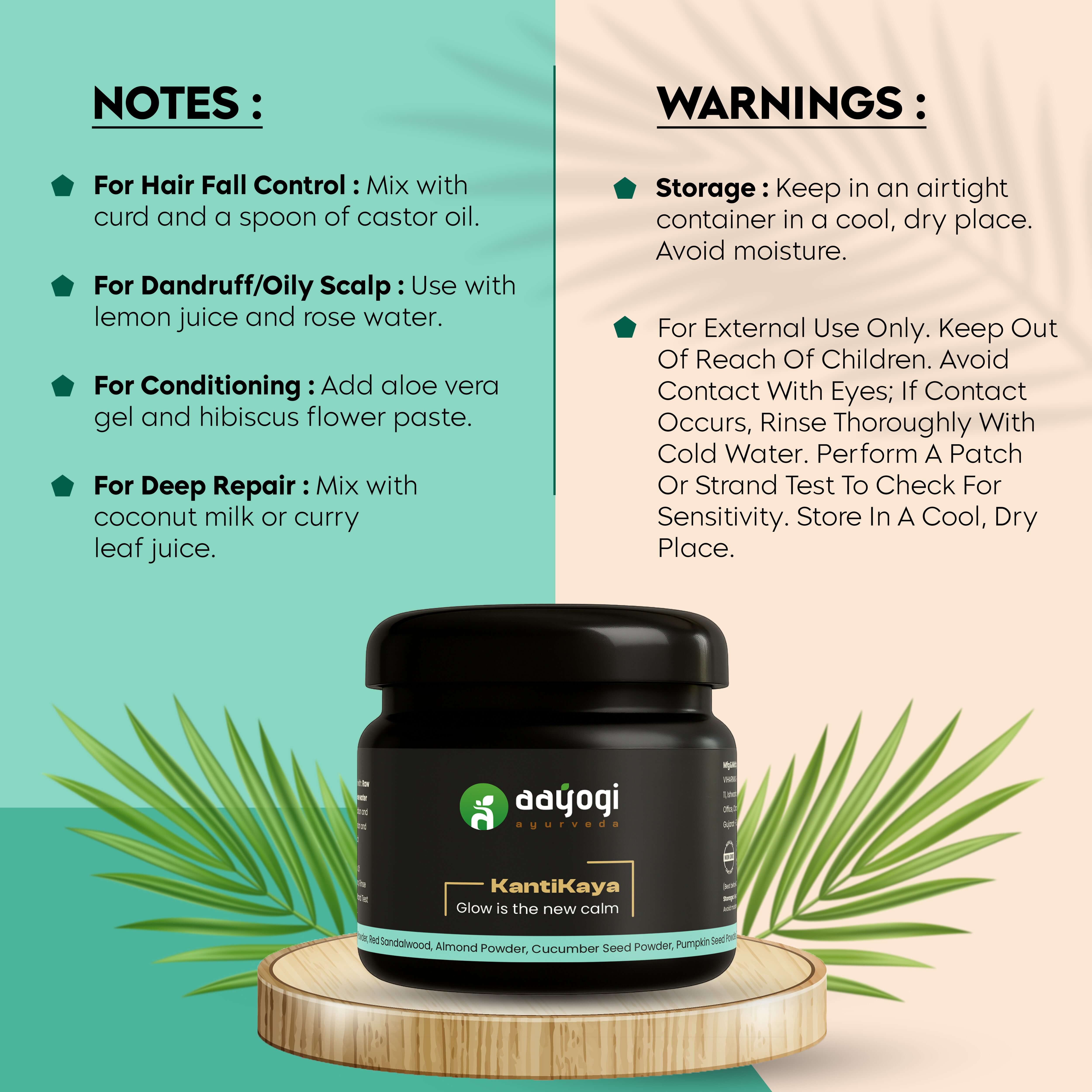 Aayogi KantiKaya herbal face pack in a jar, featuring natural ingredients and benefits. Offers notes and warnings for effective use.