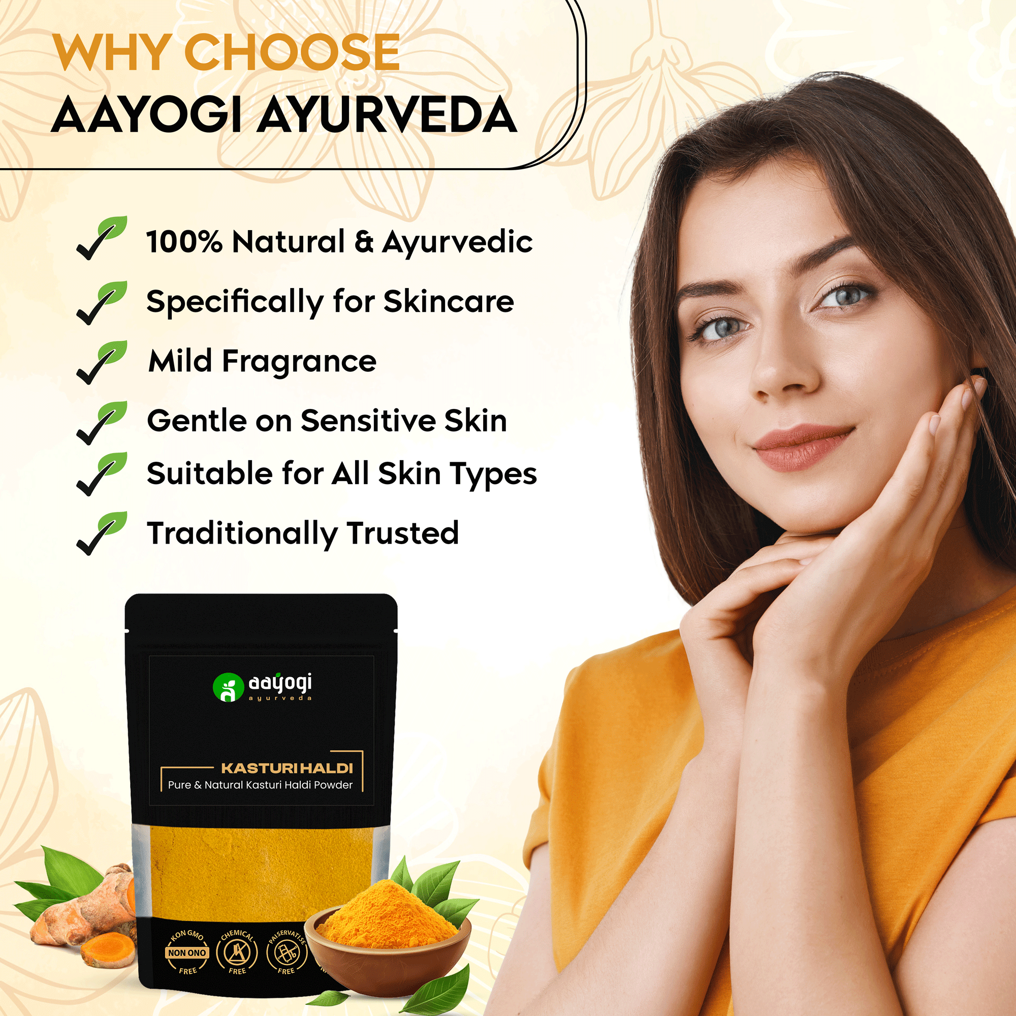 Aayogi Ayurveda Kasturi Haldi Powder with benefits text and a smiling woman holding her face, highlighting natural skincare advantages.