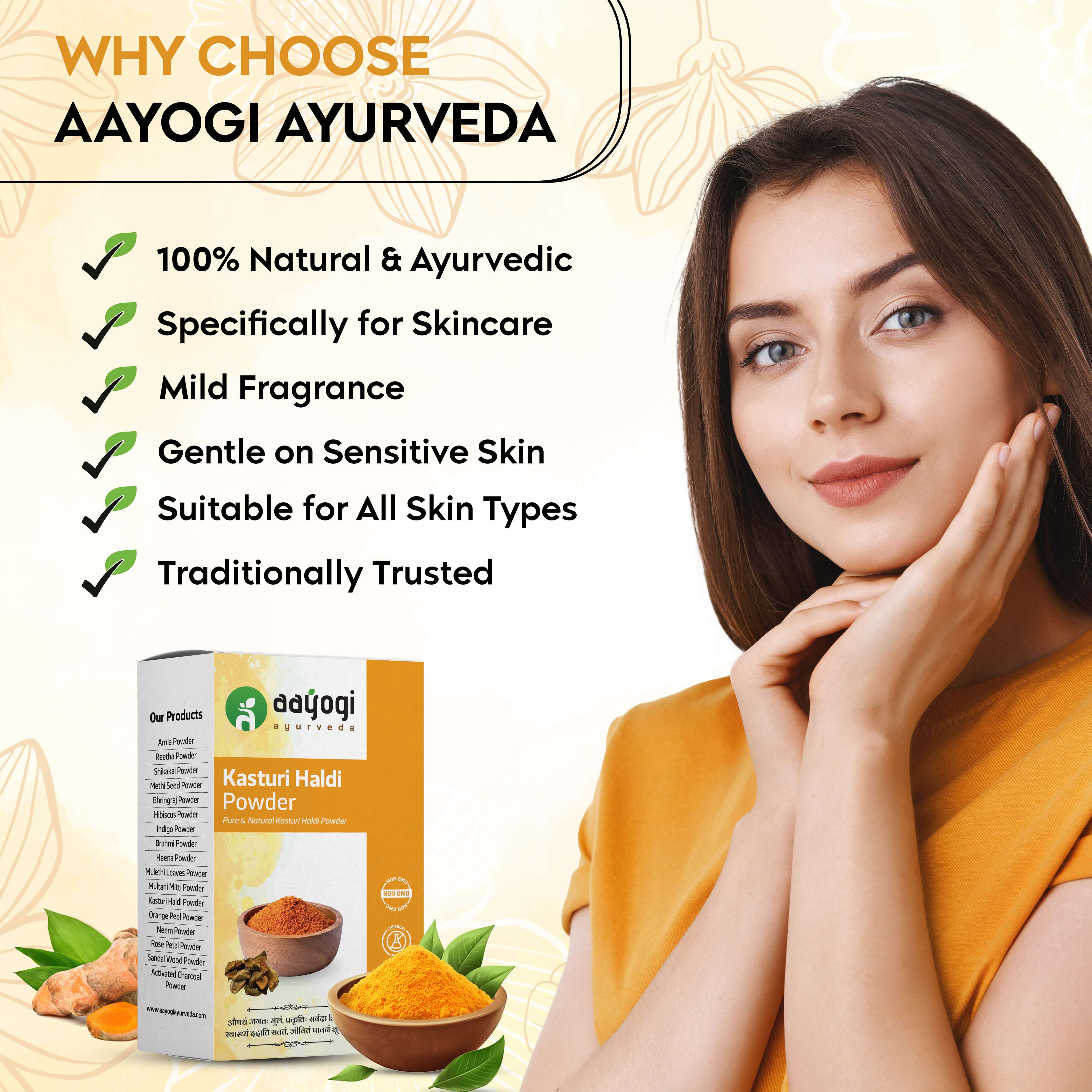 Aayogi Ayurveda Kasturi Haldi Powder benefits, including skincare suitability, mild fragrance, and natural ingredients with product packaging.