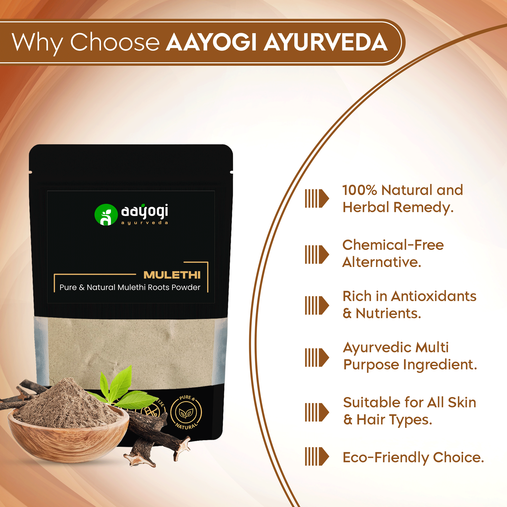 Aayogi Ayurveda Mulethi Powder for skin and hair, 100% natural, rich in antioxidants, suitable for all types, eco-friendly choice.