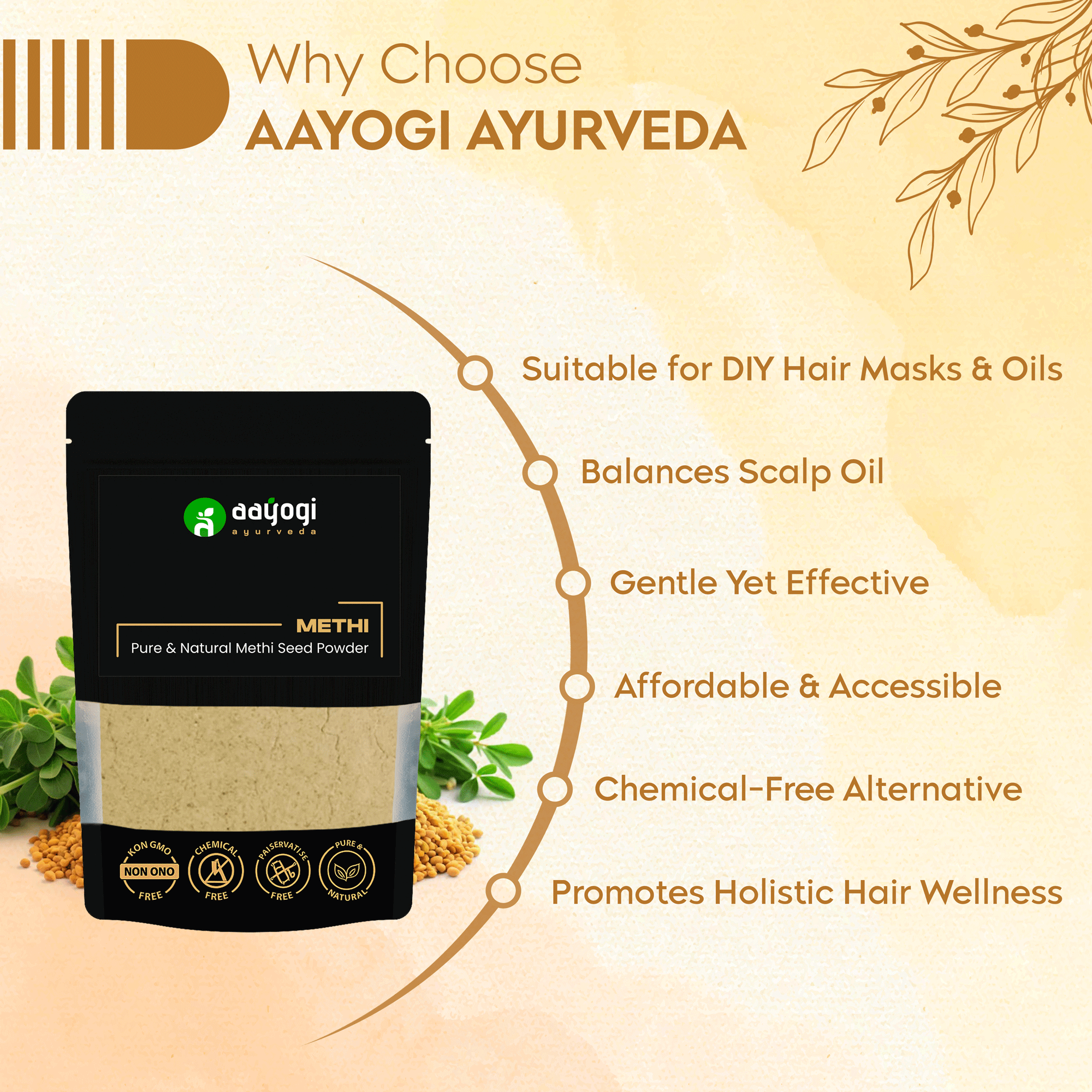 Aayogi Ayurveda Methi Seed Powder packet with benefits: DIY hair care, balances scalp oil, gentle, affordable, chemical-free, holistic.