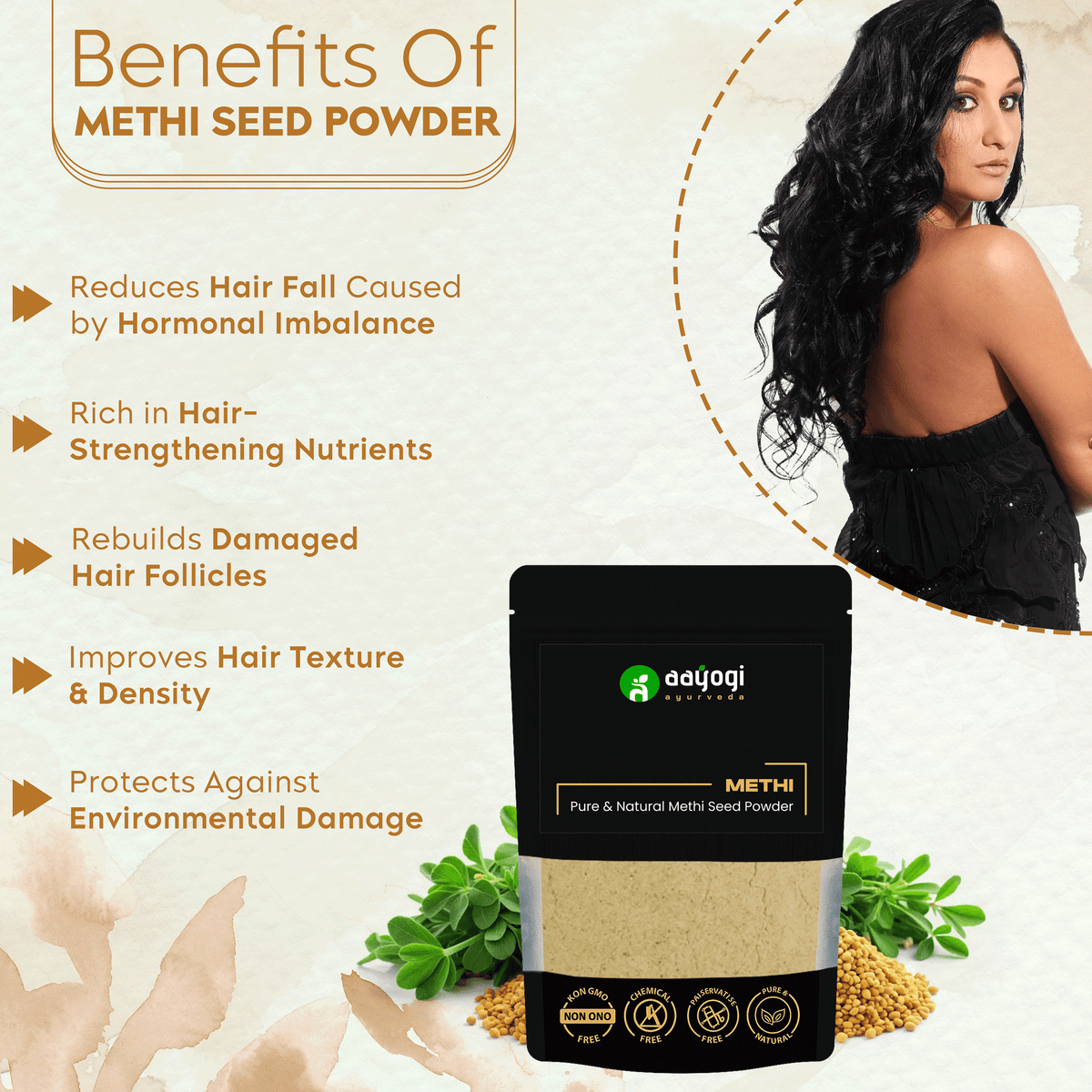 Benefits of Methi Seed Powder for hair: reduces hair fall, strengthens nutrients, rebuilds follicles, improves texture and density, protects against damage.