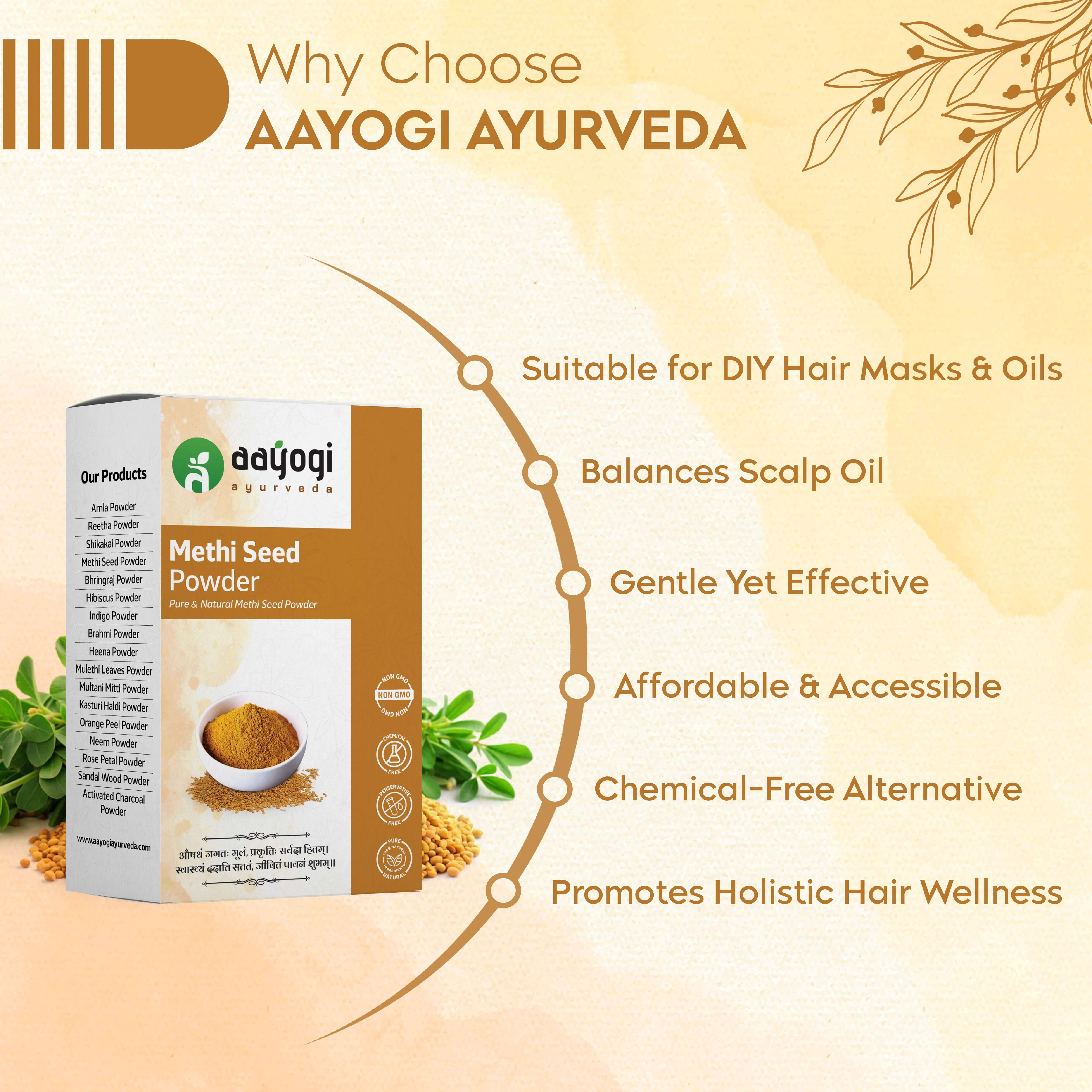 Aayogi Ayurveda Methi Seed Powder benefits guide for healthy hair care, featuring DIY masks, scalp balance, and chemical-free wellness.