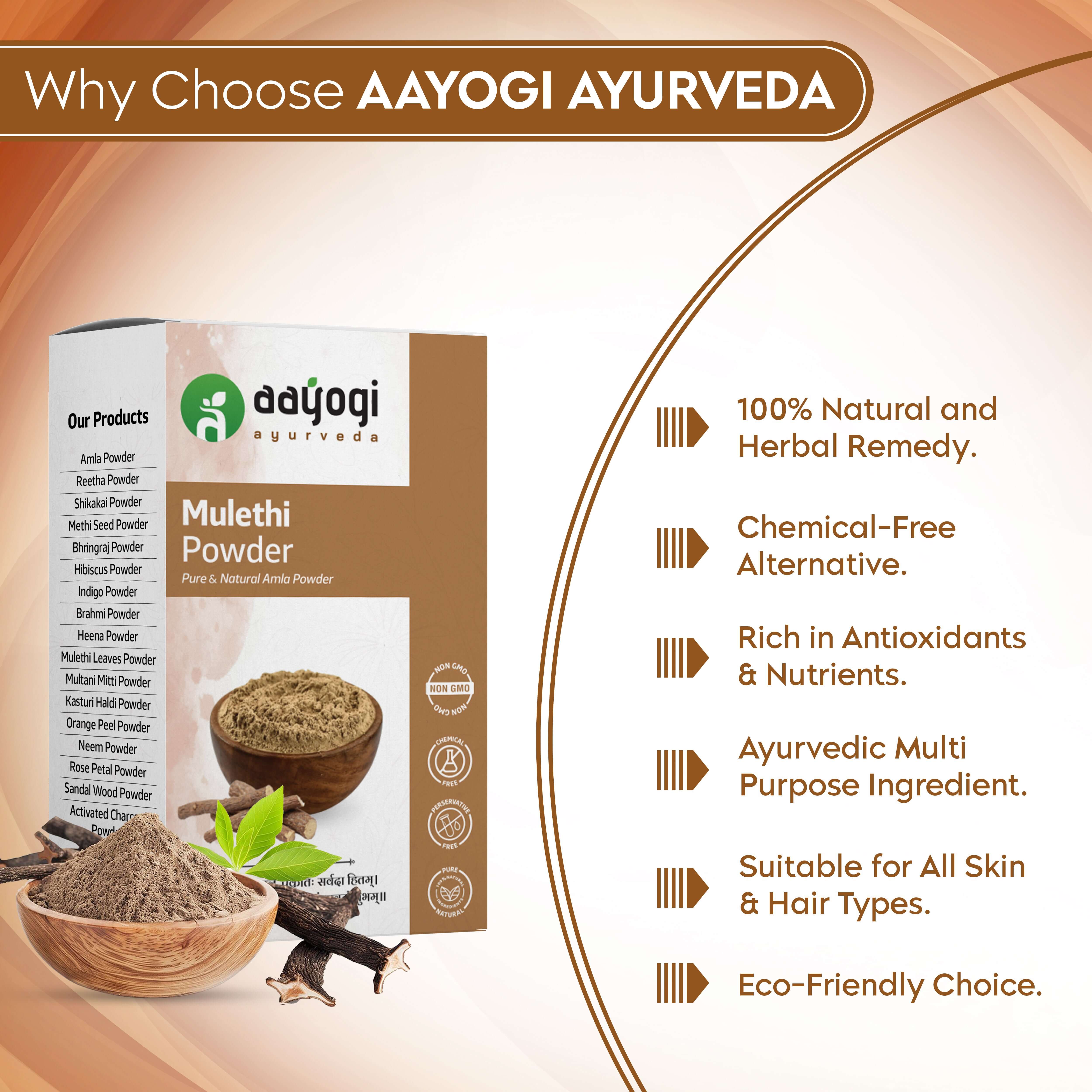 Aayogi Ayurveda Mulethi Roots Powder for healthy hair and glowing skin with natural ingredients and eco-friendly benefits.