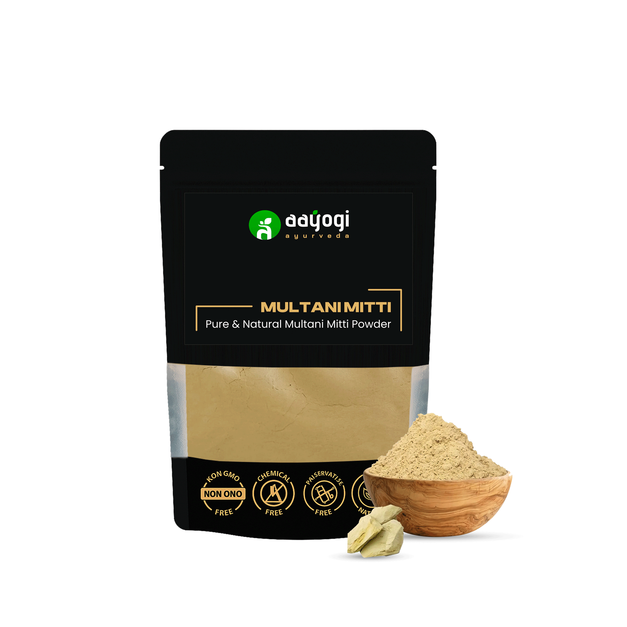 Aayogi Ayurveda Multani Mitti Powder 100 gm for face and hair care, shown in packaging with a wooden bowl of powder.