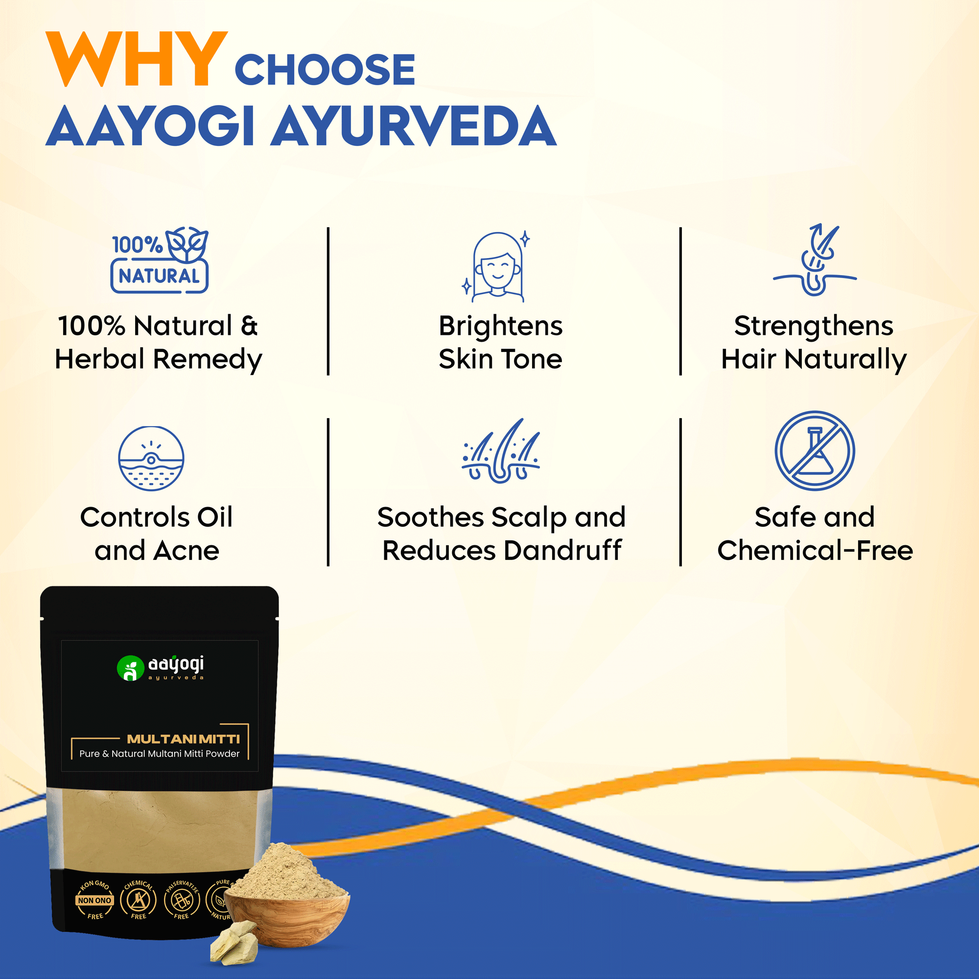 Multani Mitti Powder benefits by Aayogi Ayurveda: Natural remedy, brightens skin, strengthens hair, controls oil, soothes scalp.