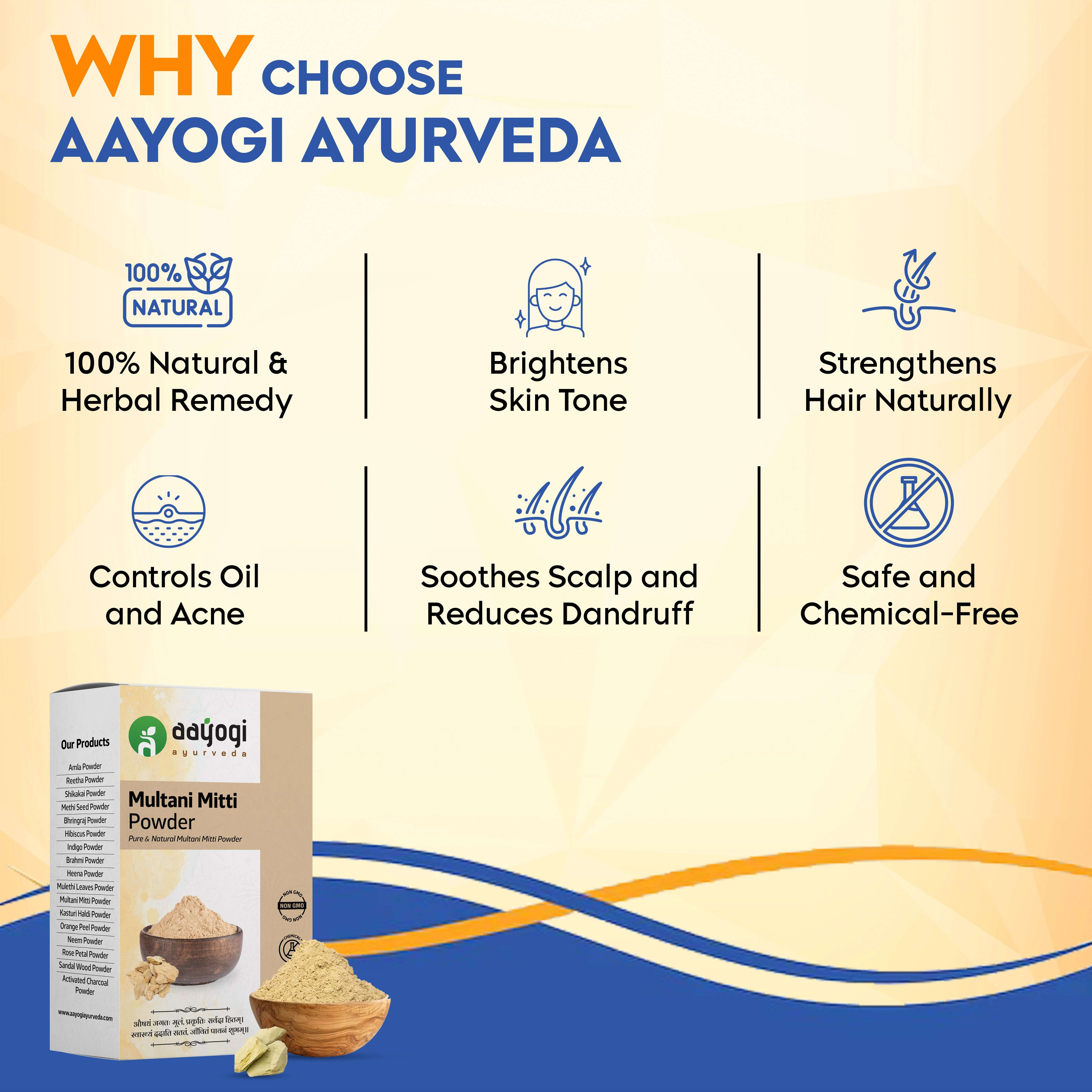 Aayogi Ayurveda Multani Mitti Powder benefits for skin and hair, highlighting its natural, chemical-free and soothing properties.