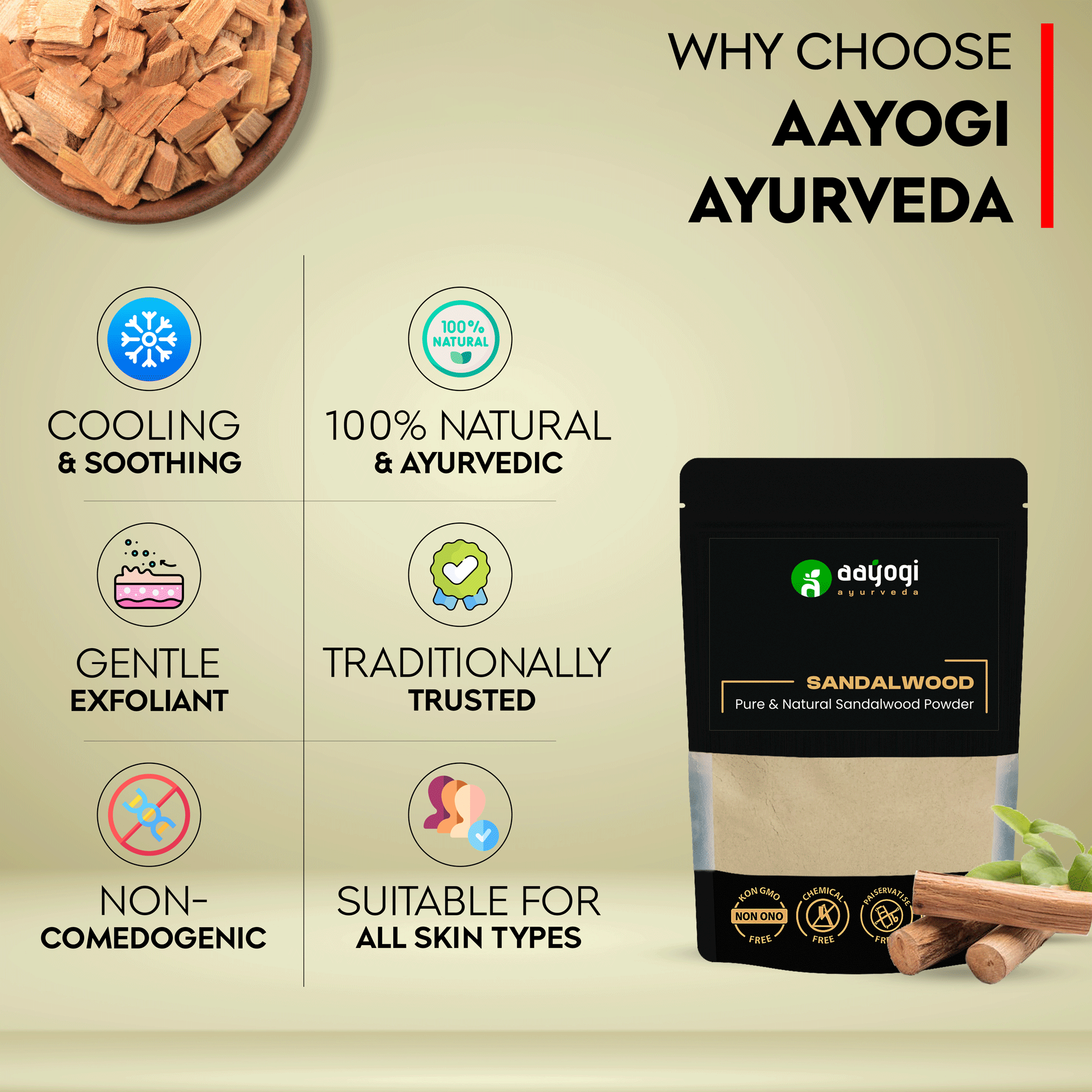 Aayogi Ayurveda Natural Pure Sandalwood Powder benefits and features display, including cooling, gentle exfoliant, trusted and suitable for all skin types.