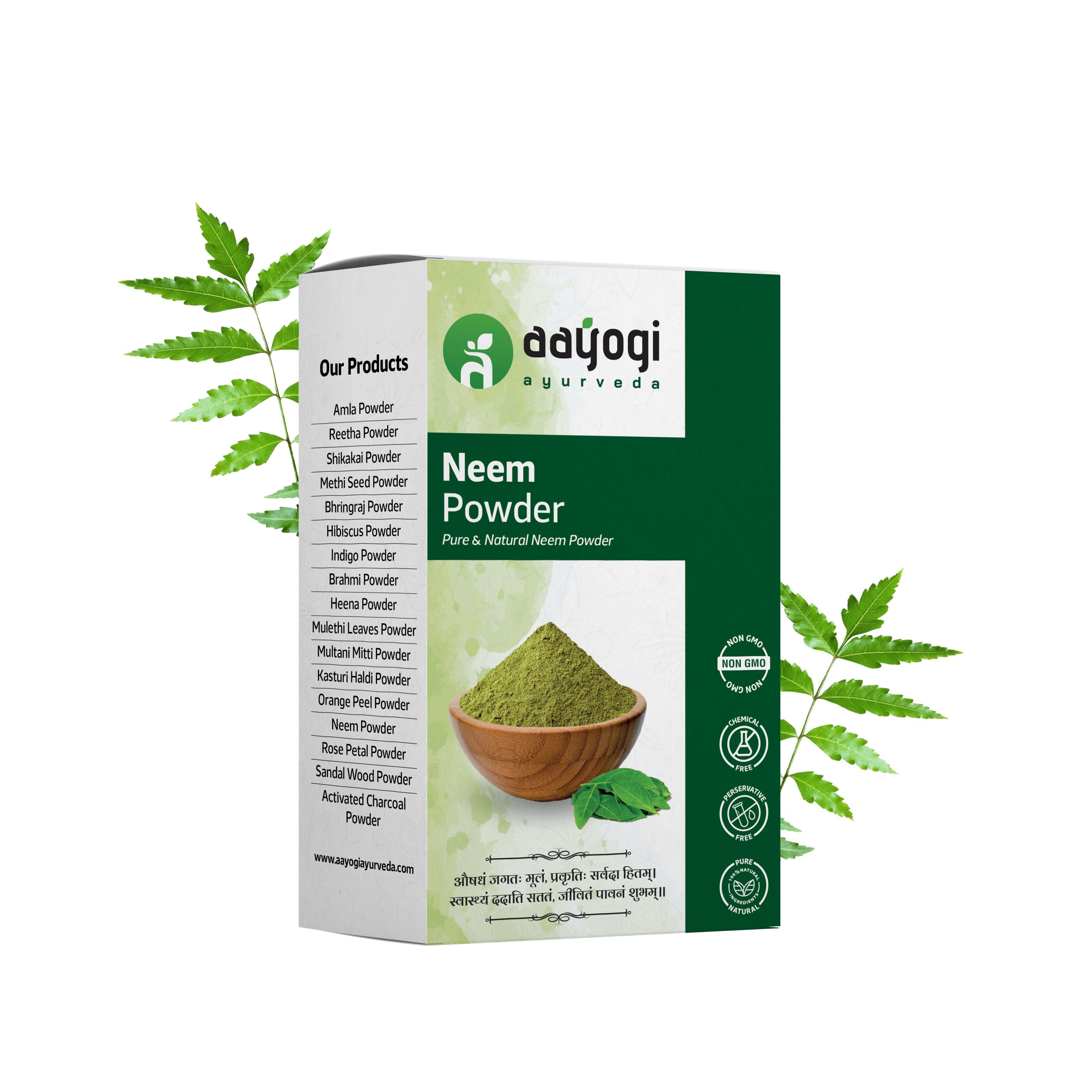 Aayogi Ayurveda Pure Neem Leaf Powder packaging with neem leaves