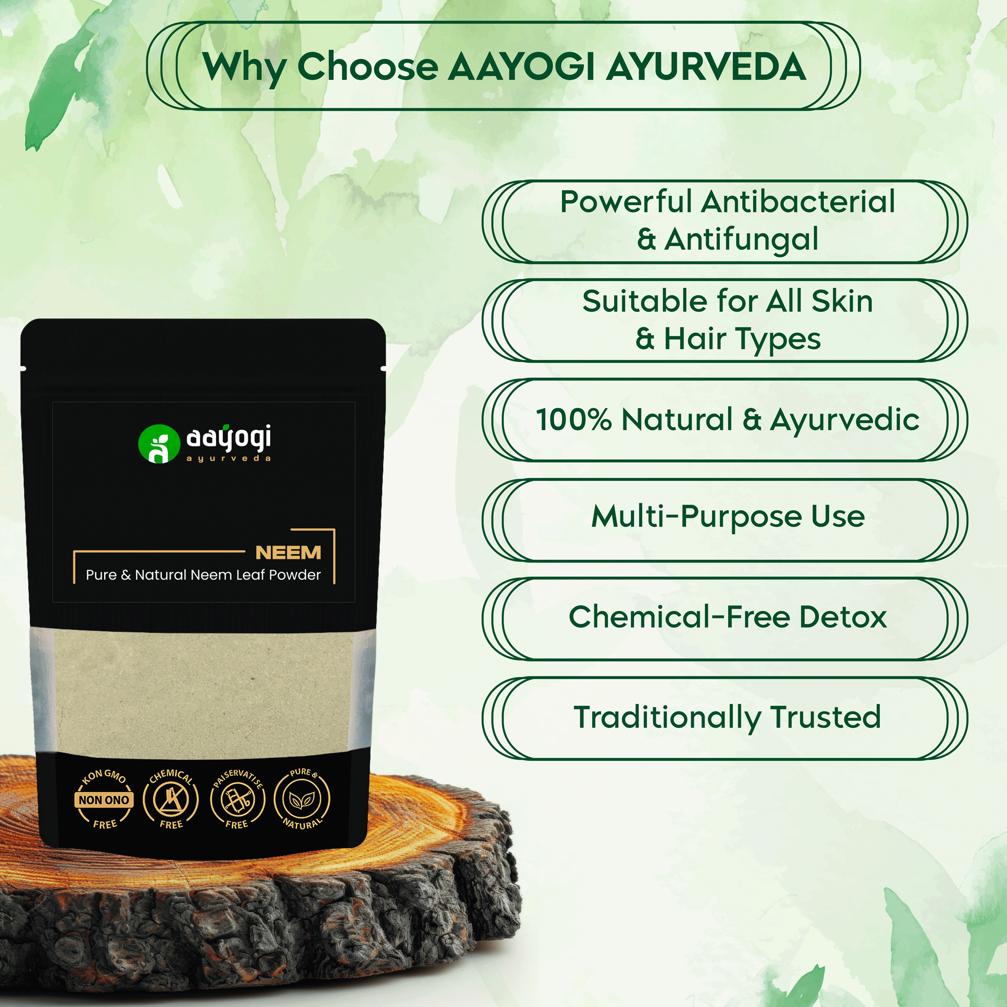 Aayogi Ayurveda Neem Leaf Powder, 100% natural, multipurpose with antibacterial properties for skin and hair care, chemical-free detox.