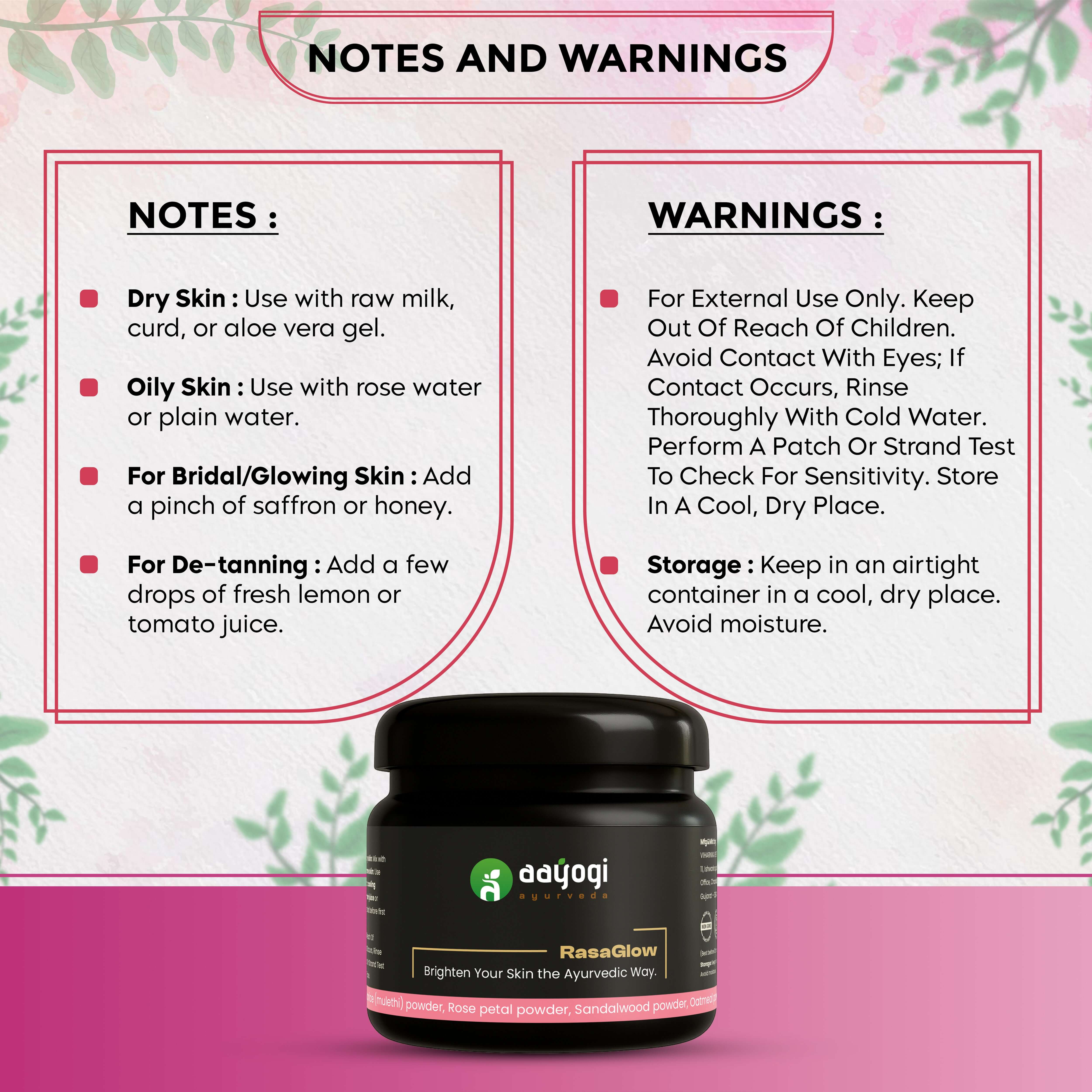 Aayogi Ayurveda RasaGlow Bathing Powder jar with usage notes and warnings in background
