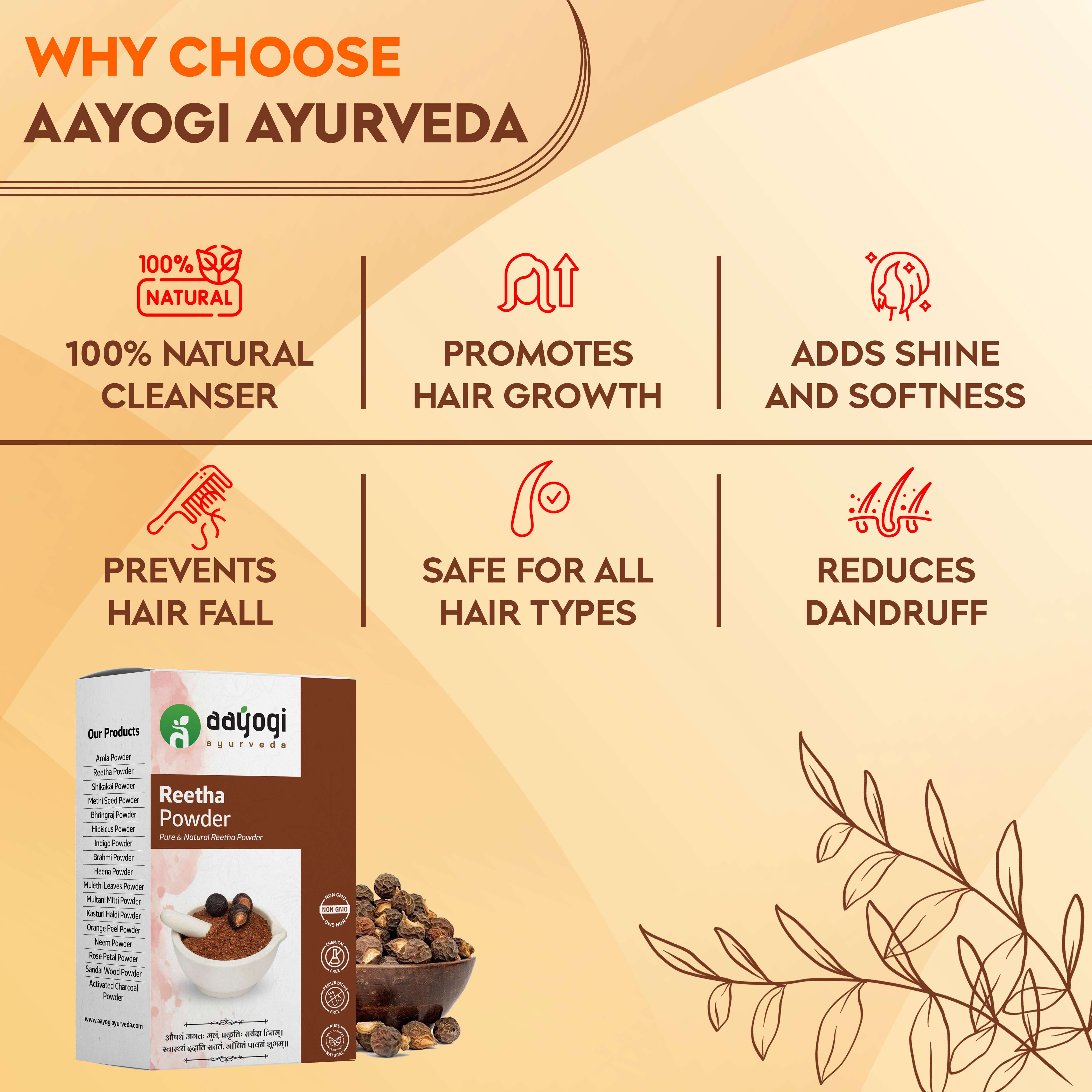 Reetha Powder benefits by Aayogi Ayurveda, featuring natural cleanser properties, promotes hair growth, adds shine, prevents hair fall.