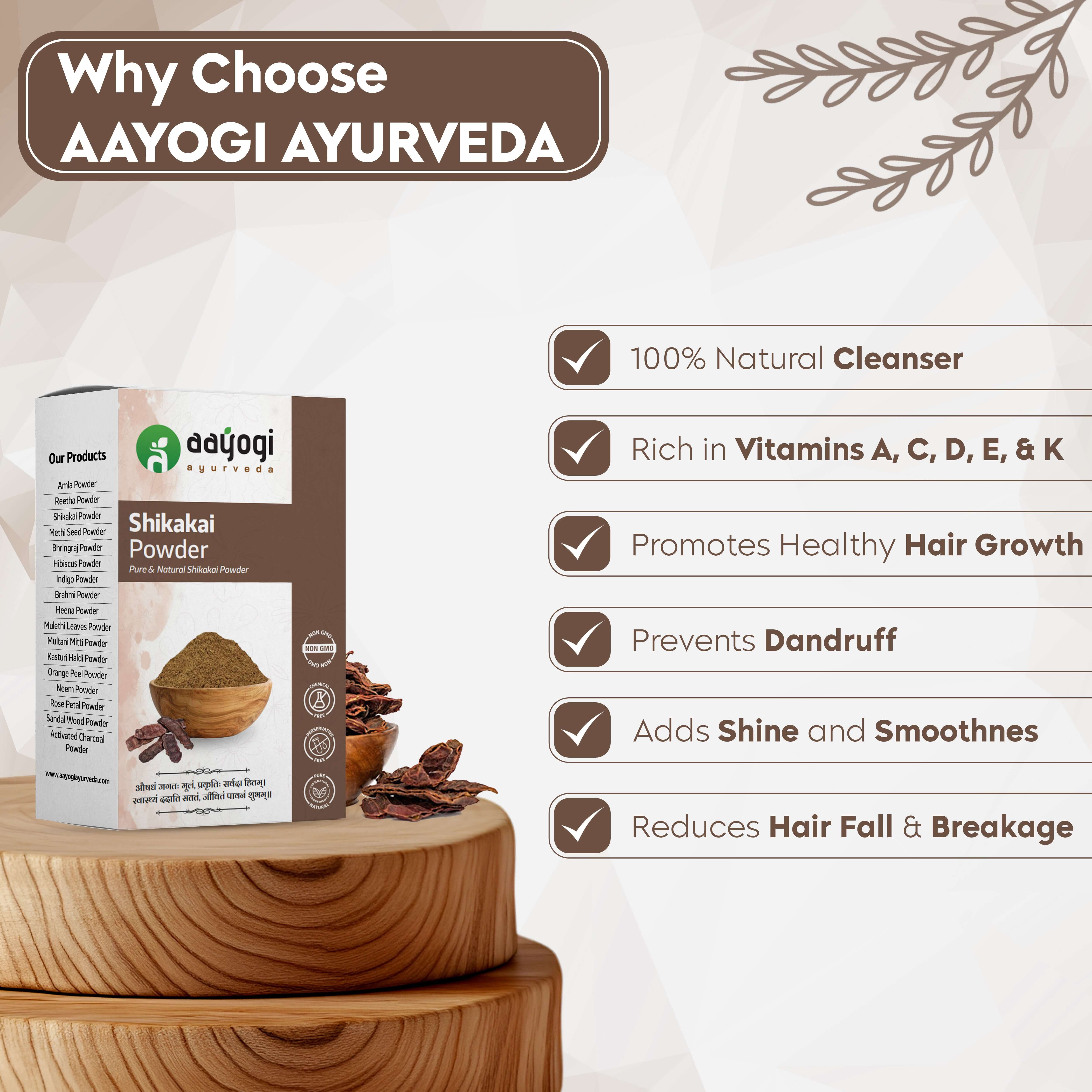 Aayogi Ayurveda Shikakai Powder packaging displayed with benefits like natural cleansing, hair growth, and reducing hair fall.