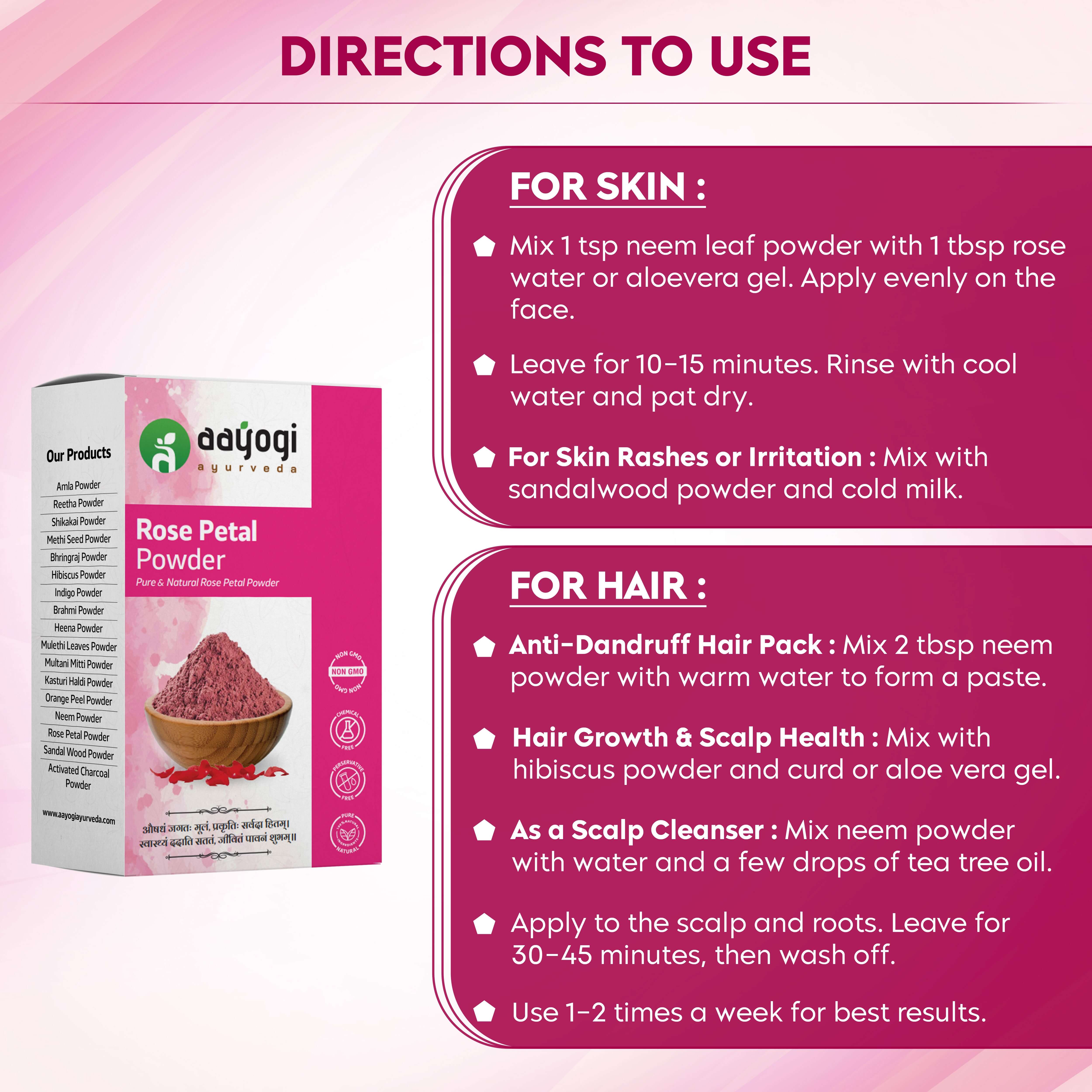 Instructions for using Aayogi Ayurveda Velvet Rose Petal Powder for skin and hair care, featuring product image and preparation tips.