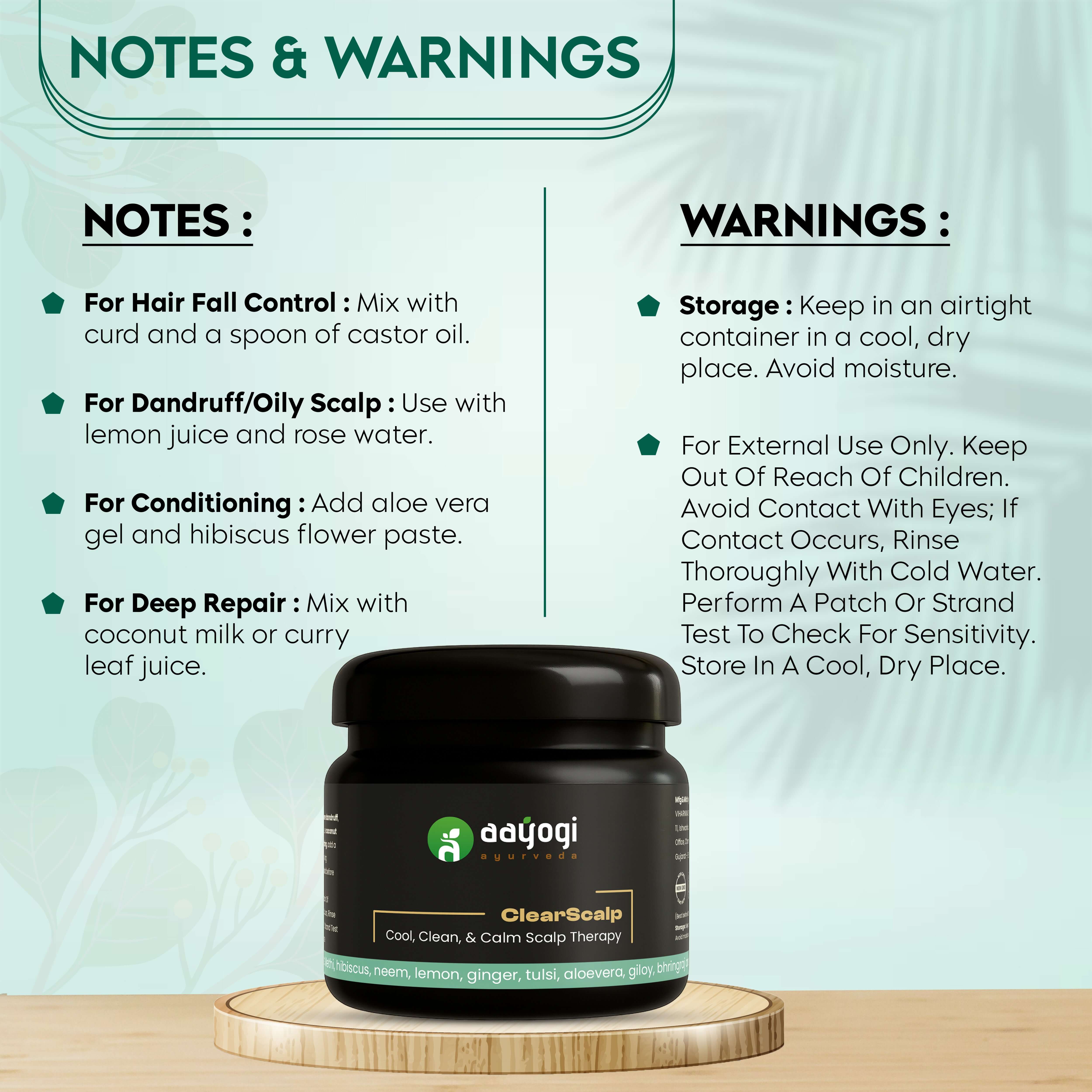 Aayogi Ayurveda ClearScalp Herbal Powder with Notes & Warnings for hair and scalp care featuring 10 Ayurvedic ingredients.