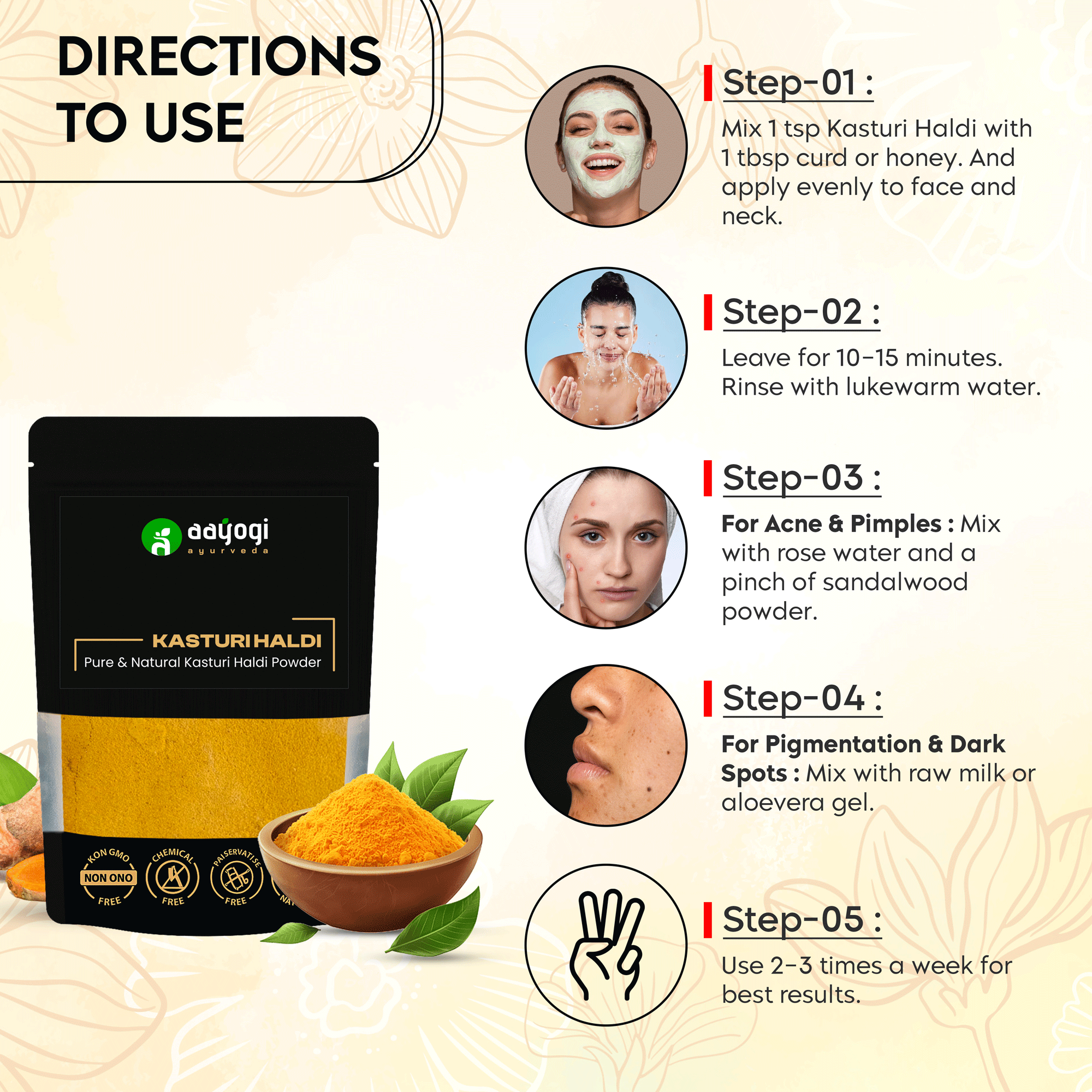 How to use Kasturi Haldi face powder for glowing skin - 5-step guide for anti-acne treatment and brightening.