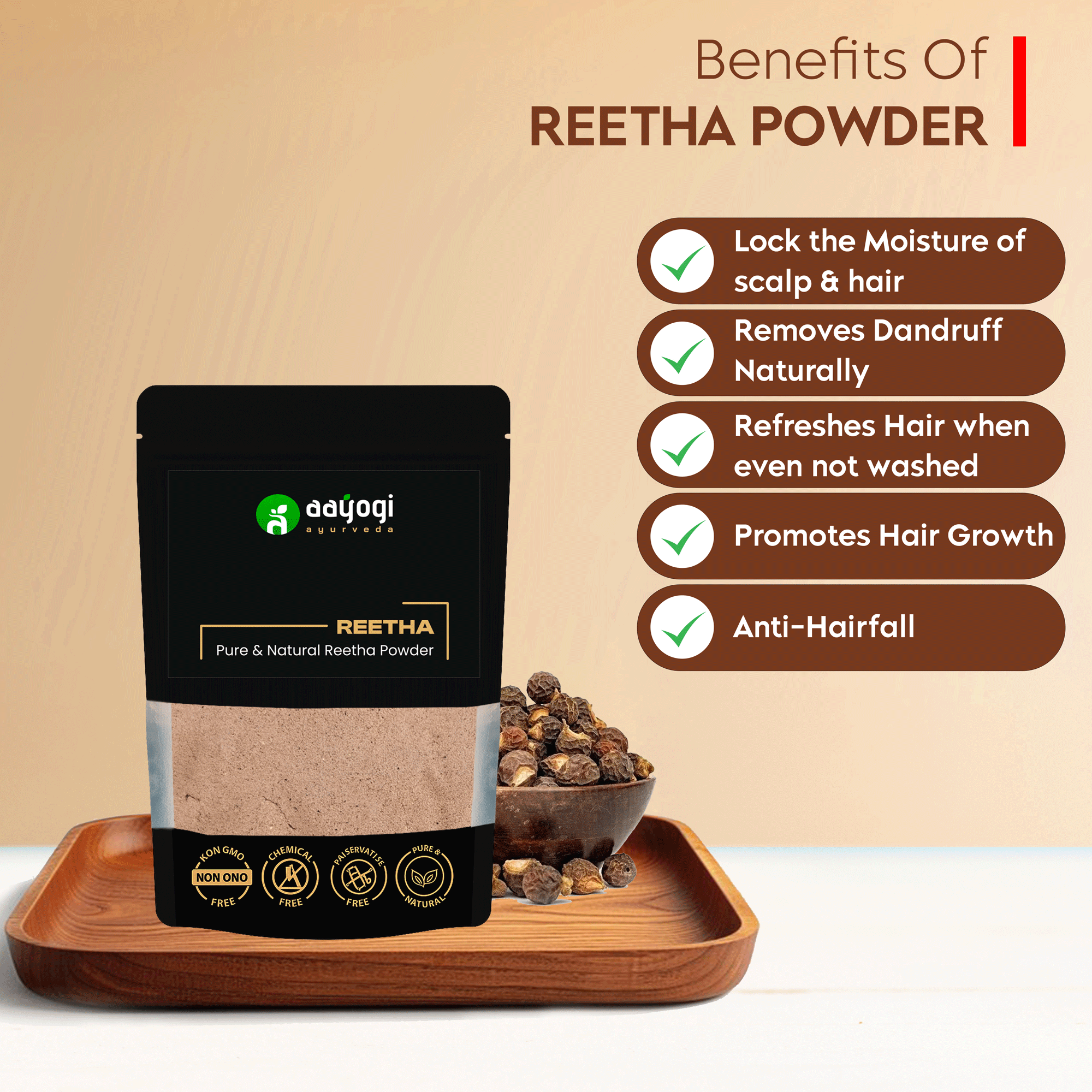 Reetha Powder benefits image with a package of Aayogi Ayurveda Reetha Powder highlighting moisture lock, dandruff removal, and hair growth.