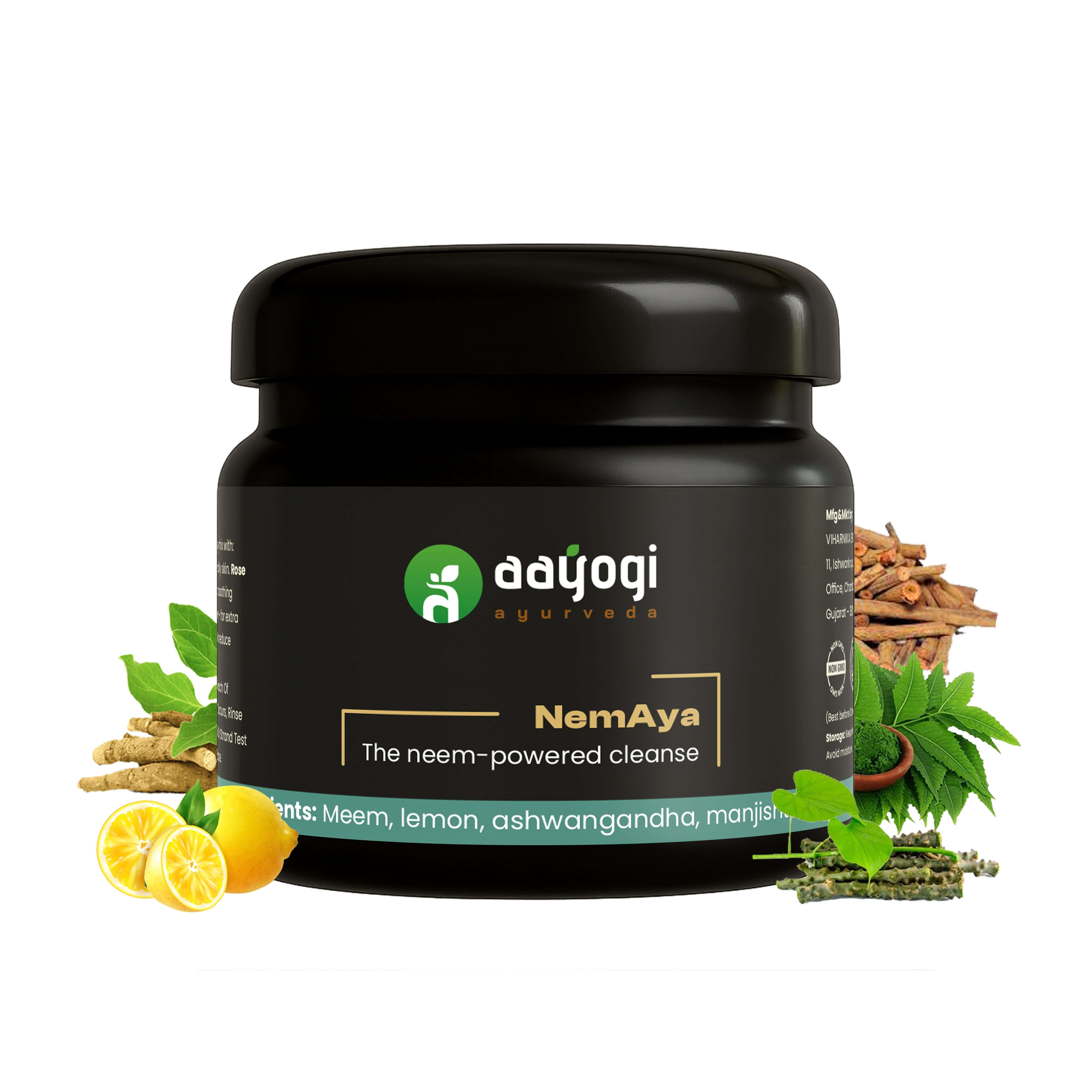 NemAya Acne Treatment Pack by Aayogi Ayurveda with Neem, Lemon, Ashwagandha for clear, healthy skin.