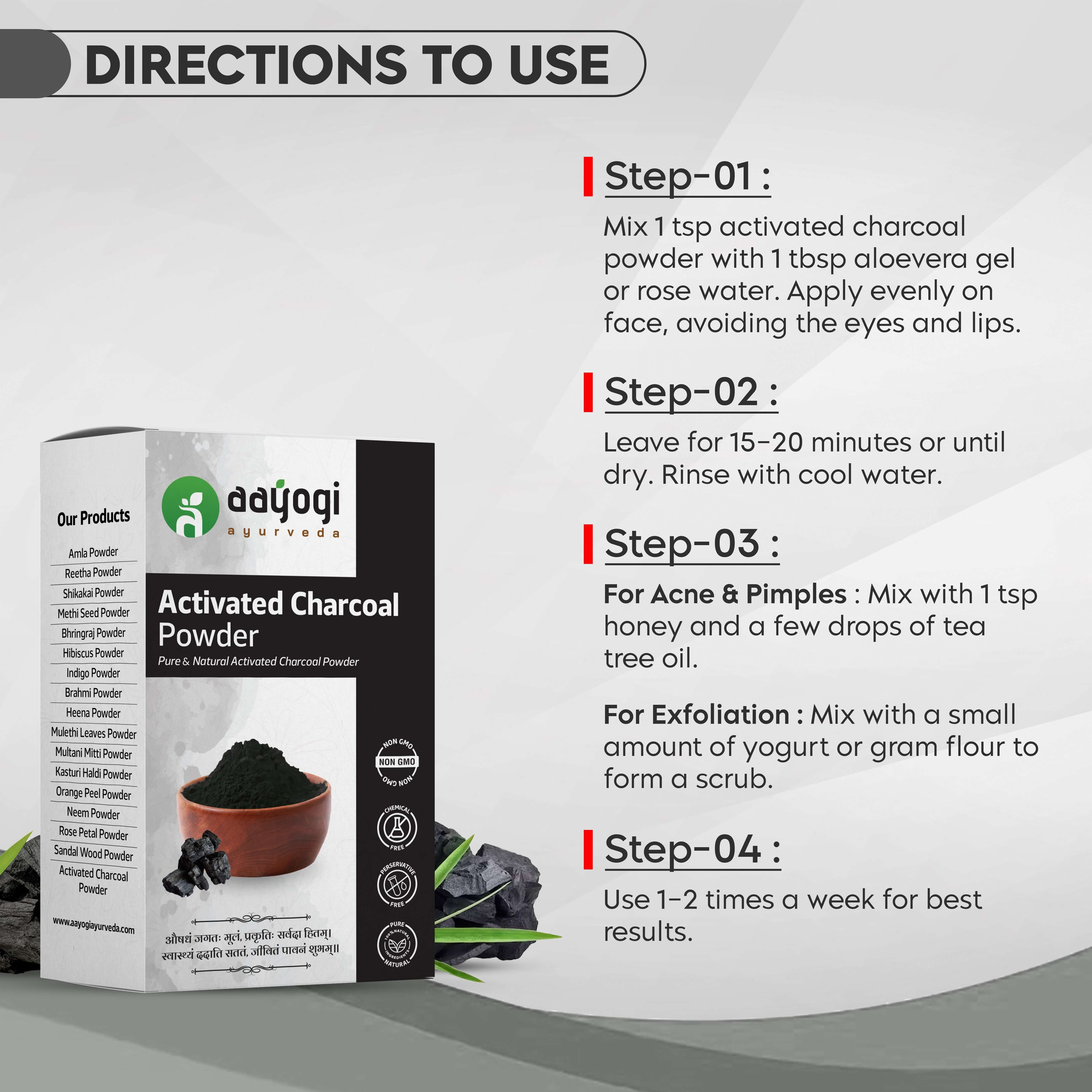 Directions for using Aayogi Ayurveda Activated Charcoal Powder with mixing tips for skincare.