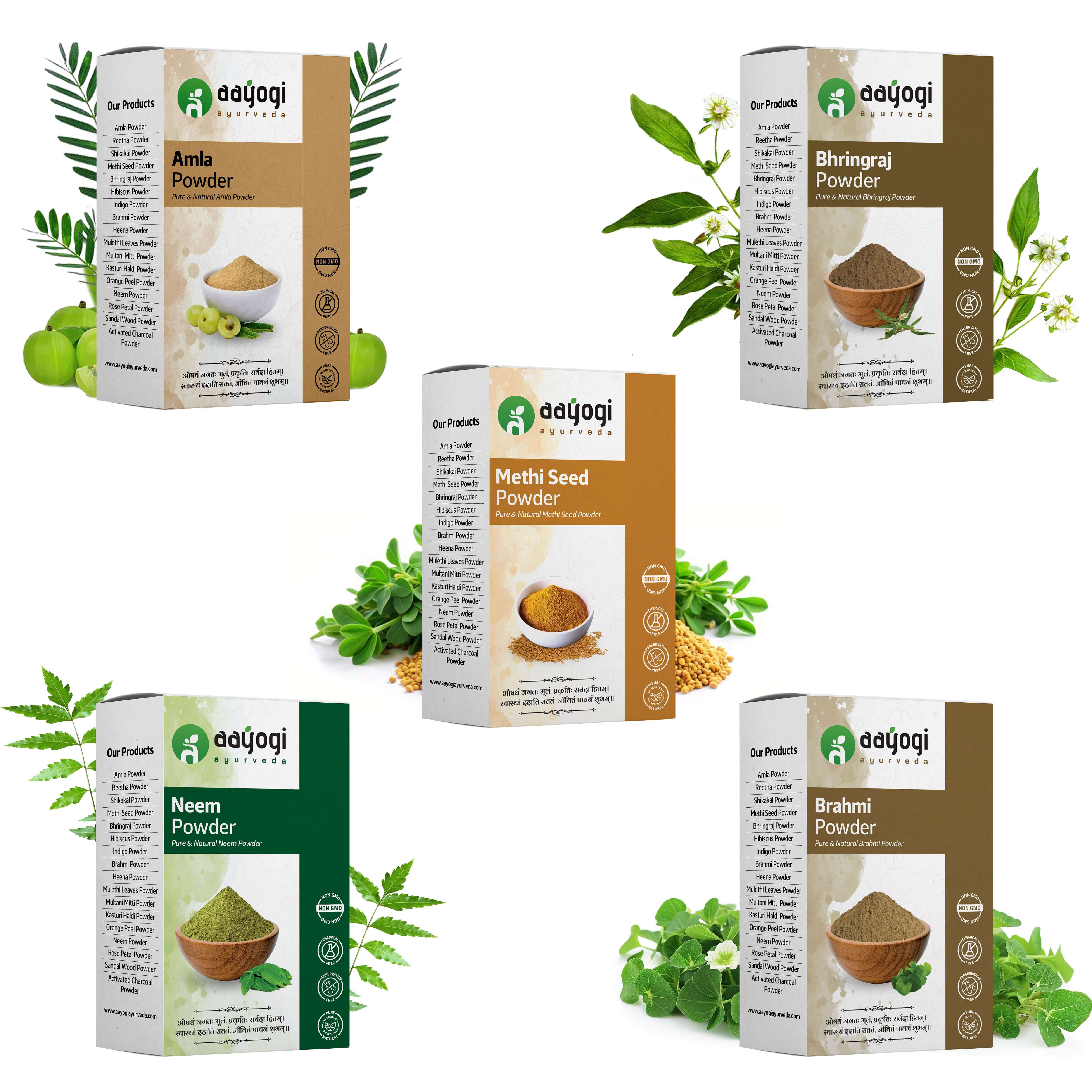 Roots & Boots herbal hair care powders: Amla, Bhringraj, Methi Seed, Brahmi, and Neem packages with leaves and herbs background.