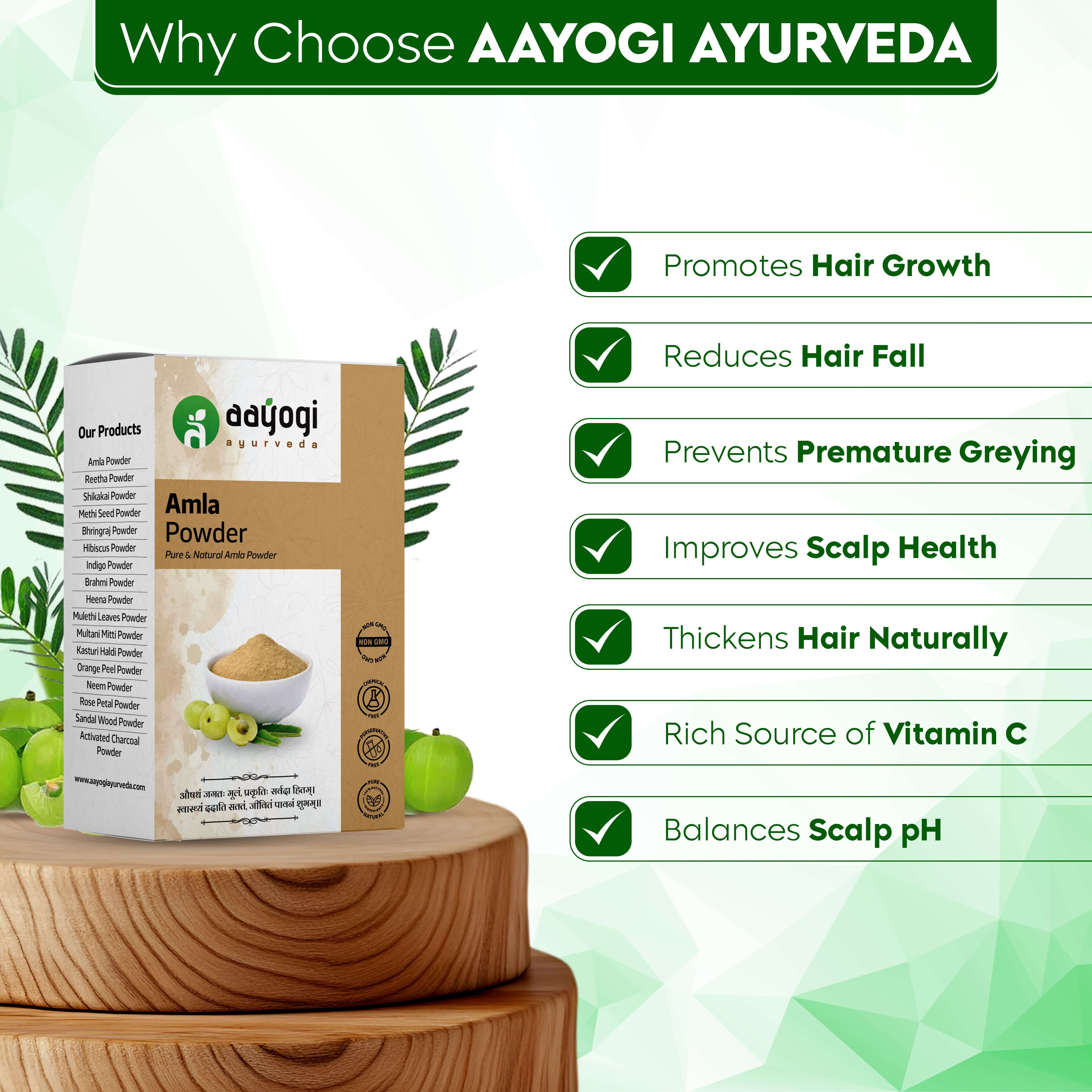 Aayogi Ayurveda Amla Powder packaging promoting hair and skin benefits, including hair growth, scalp health, and Vitamin C richness.