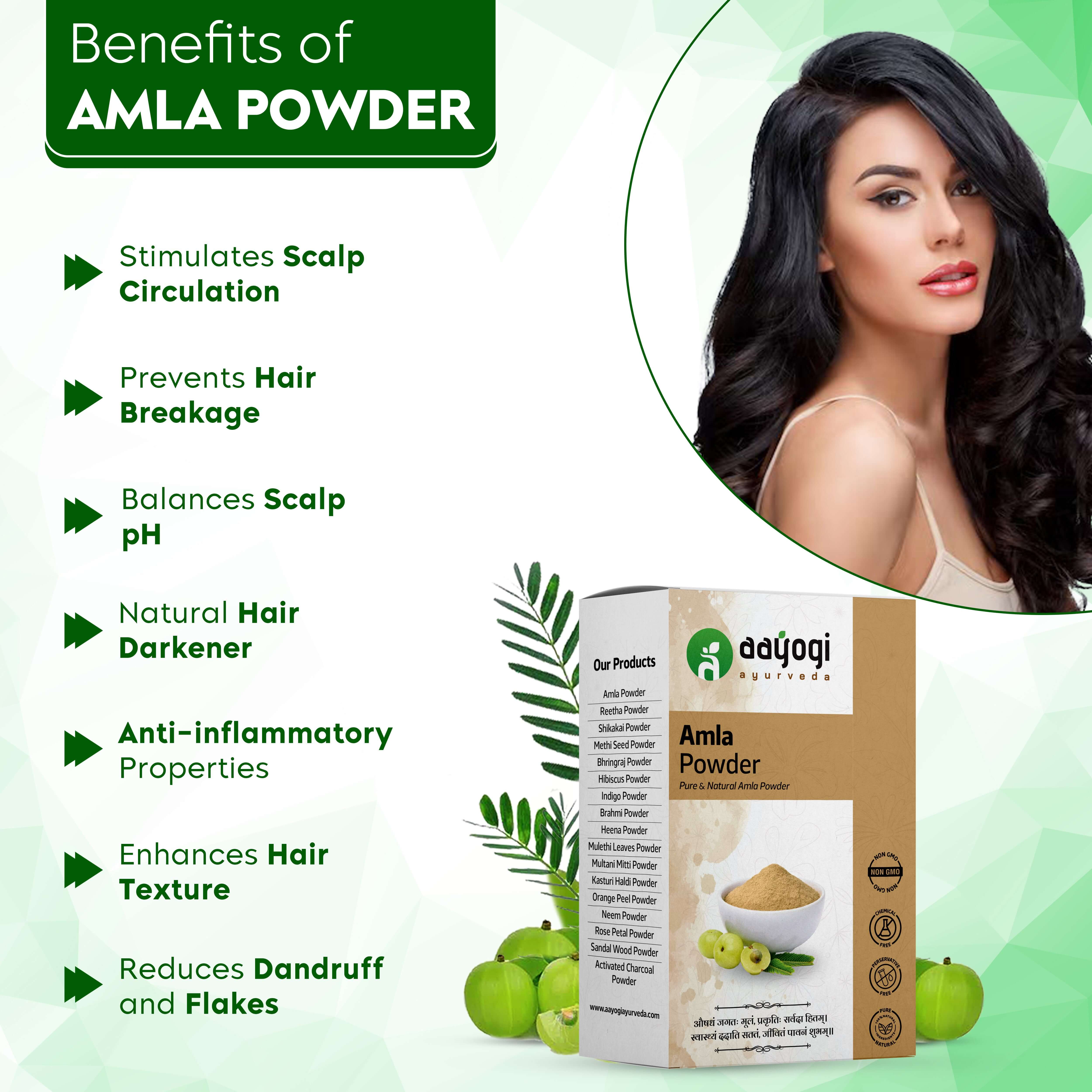 Aayogi Ayurveda Amla Powder benefits for hair, including scalp circulation, hair breakage prevention, and glowing skin.