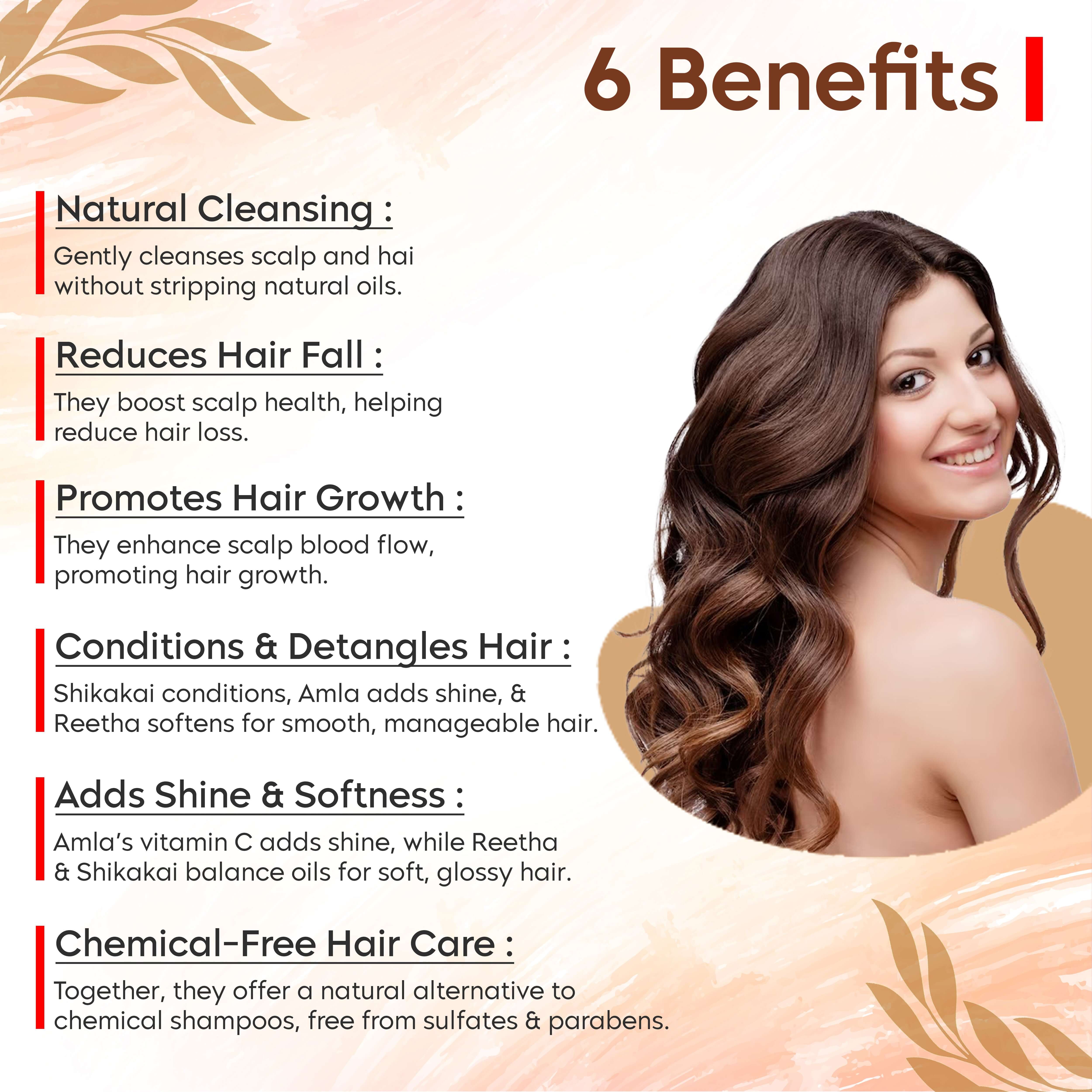 Image showing benefits of Amla, Reetha, Shikakai trio for hair care: natural cleansing, reduced hair fall, promotes growth, adds shine.