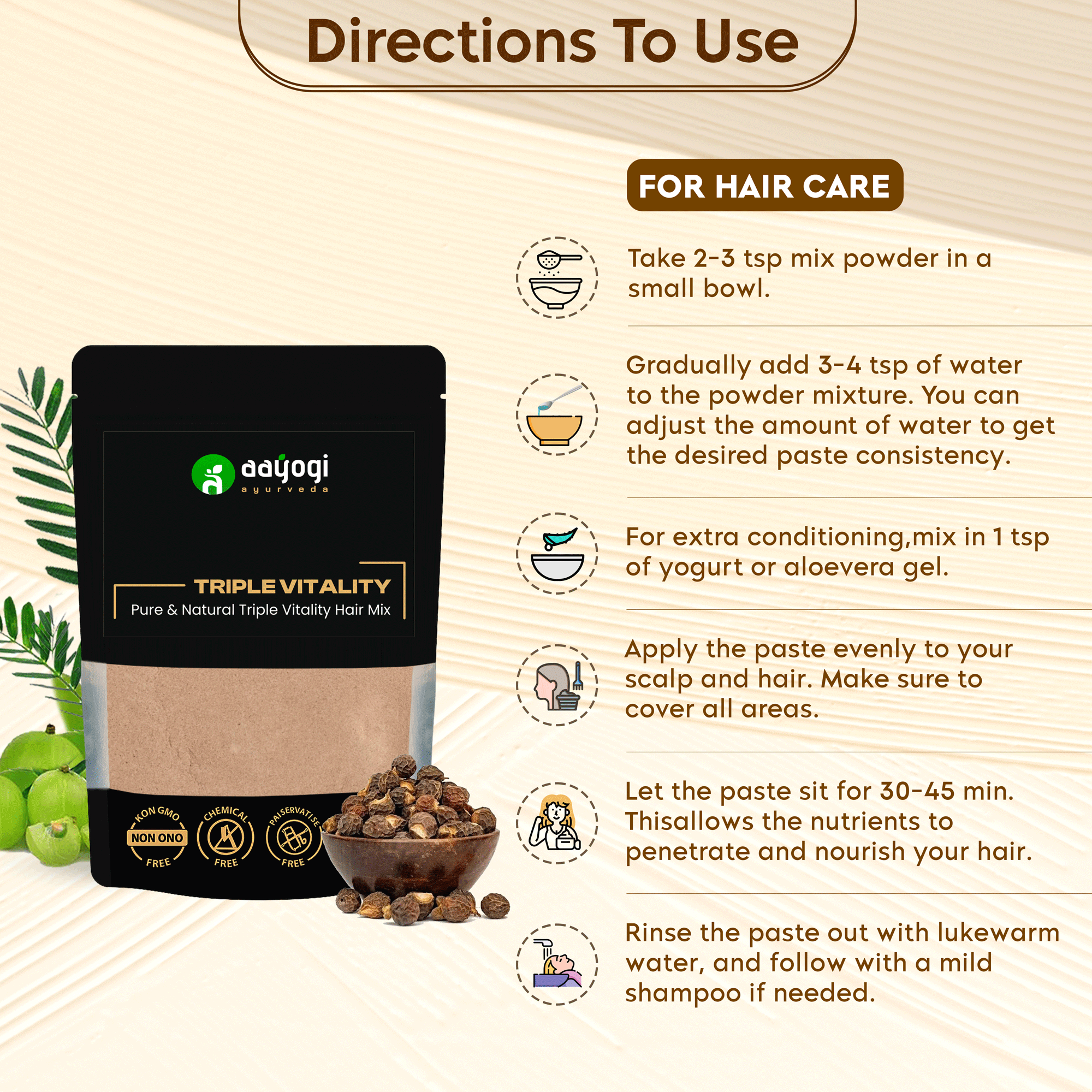 Aayogi Ayurveda Triple Vitality Hair Mix with directions for nourishing hair care routine