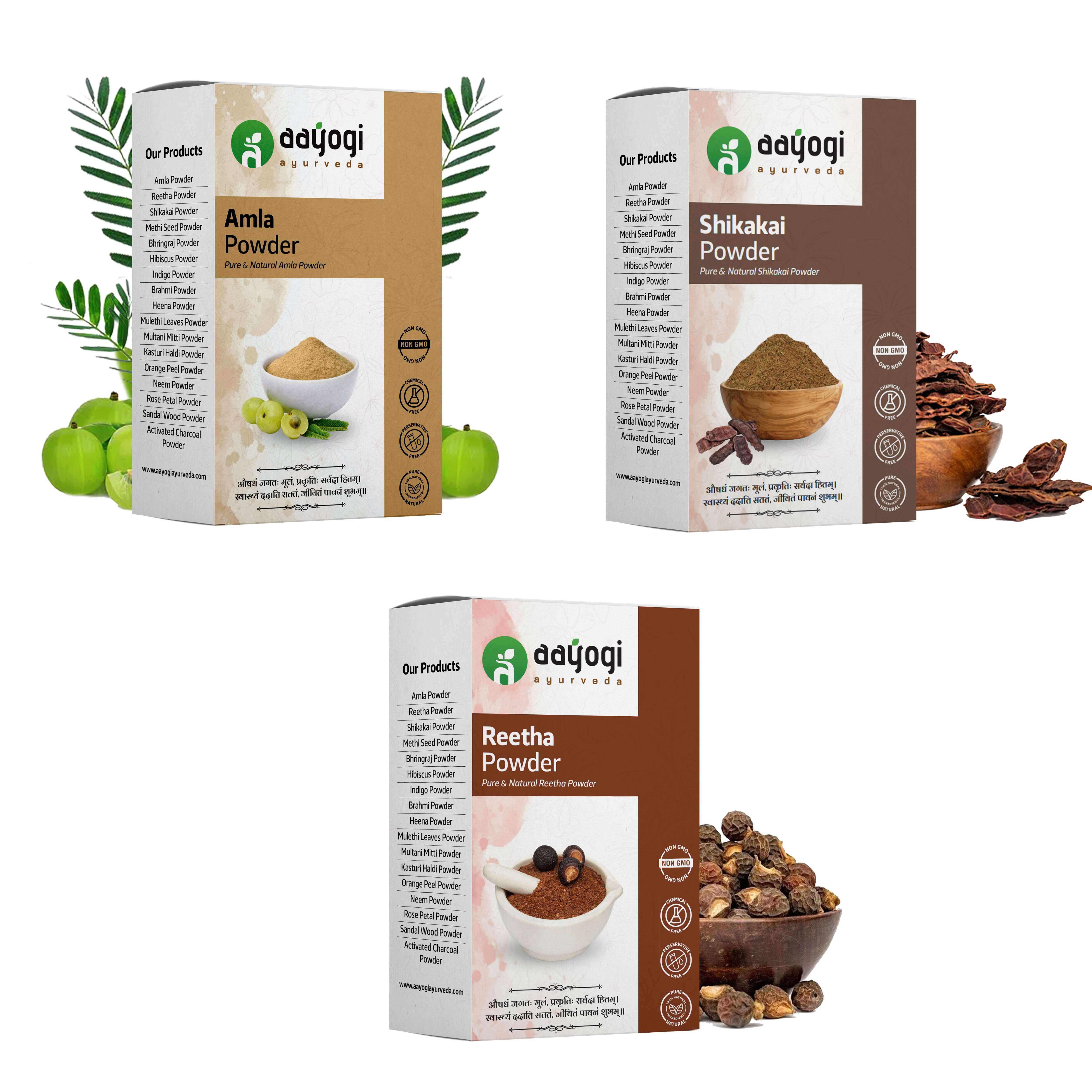 Amla, Reetha, Shikakai herbal powder boxes for hair care.